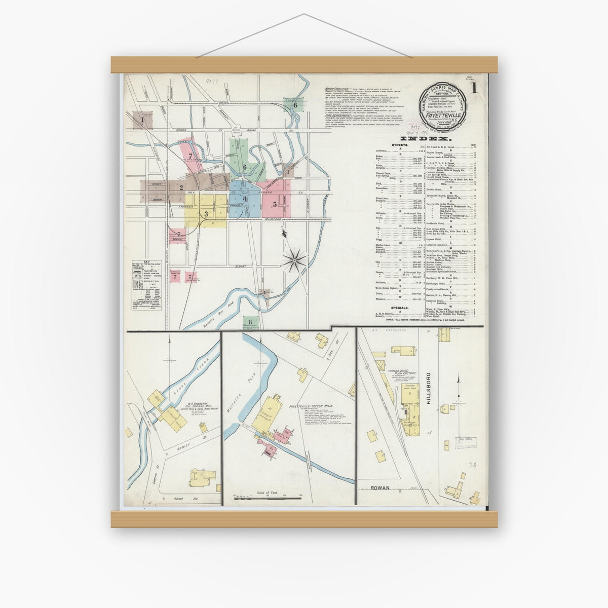 Old map wall art mockup — magnetic wood frame on white wall — Sanborn Fire Insurance Map from Fayetteville, Cumberland County, North Carolina (1896) - Complete Map Set