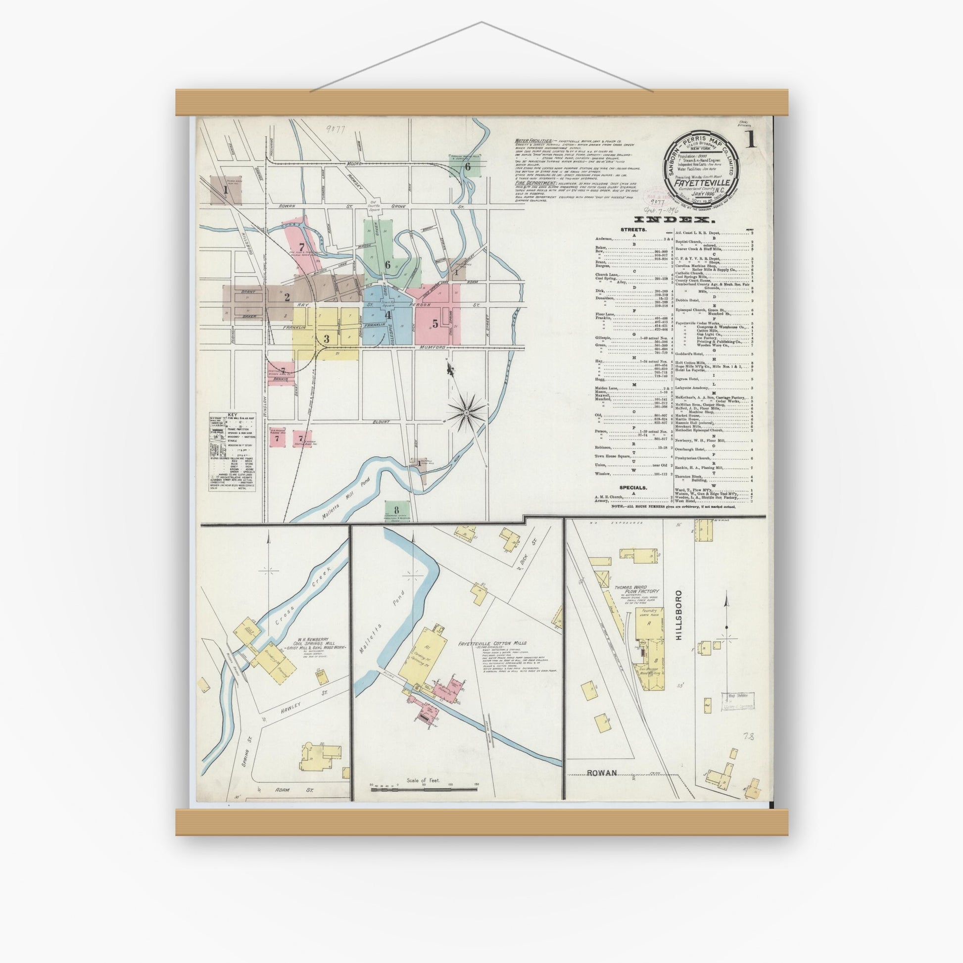 Old map wall art mockup — magnetic wood frame on white wall — Sanborn Fire Insurance Map from Fayetteville, Cumberland County, North Carolina (1896) - Complete Map Set