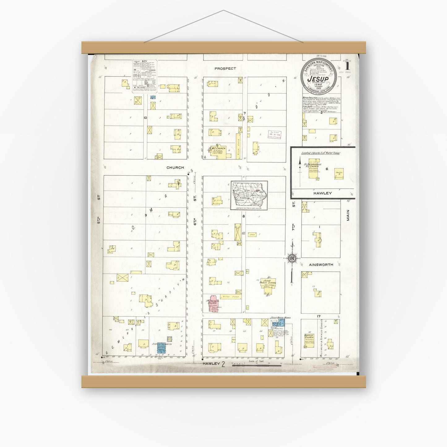 Old map wall art mockup — magnetic wood frame on white wall — Sanborn Fire Insurance Map from Jesup, Buchanan County, Iowa (1915) â€” Complete Set