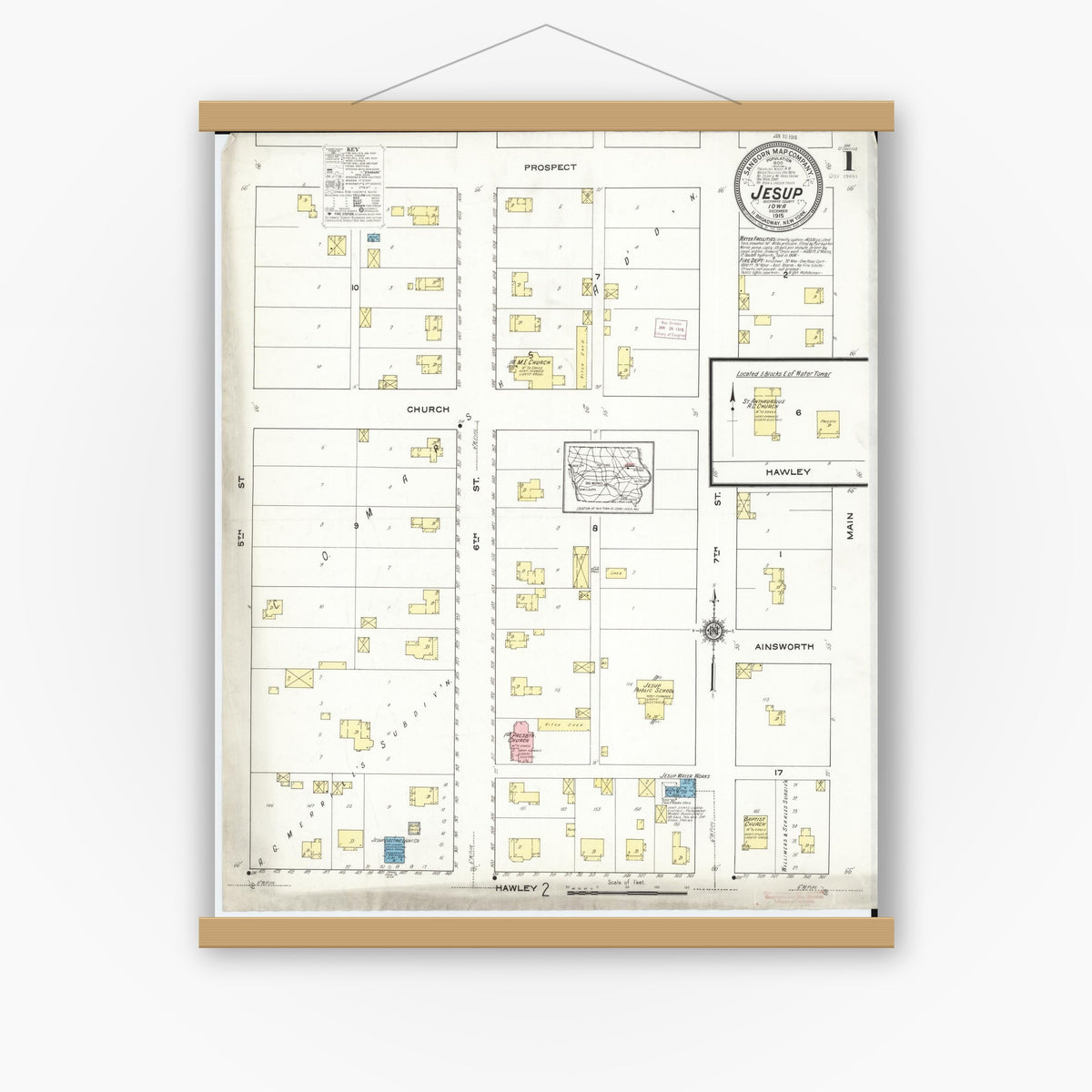 Old map wall art mockup — magnetic wood frame on white wall — Sanborn Fire Insurance Map from Jesup, Buchanan County, Iowa (1915) â€” Complete Set