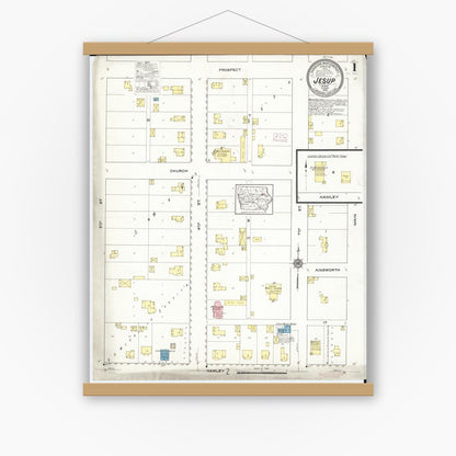 Old map wall art mockup — magnetic wood frame on white wall — Sanborn Fire Insurance Map from Jesup, Buchanan County, Iowa (1915) â€” Complete Set