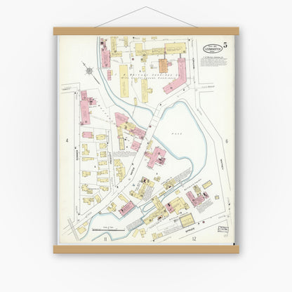 Old map wall art mockup — magnetic wood frame on white wall — Sanborn Fire Insurance Map from Leominster, Worcester County, Massachusetts (1912), Sheet #0005