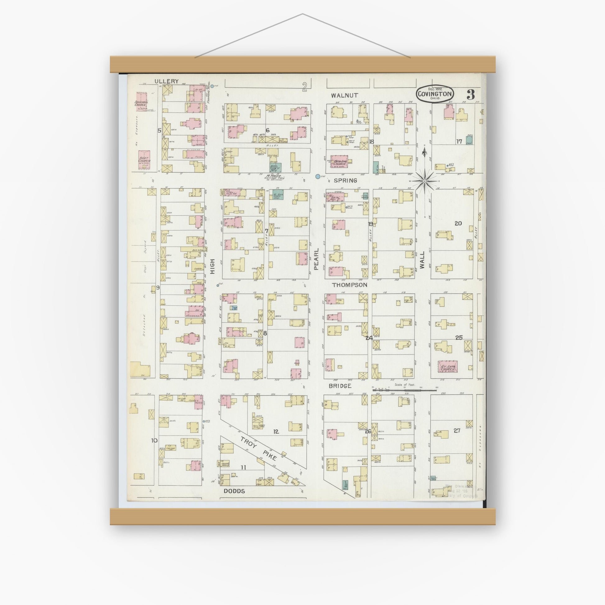 Old map wall art mockup — magnetic wood frame on white wall — Sanborn Fire Insurance Map from Covington, Miami County, Ohio (1892), Sheet #0003