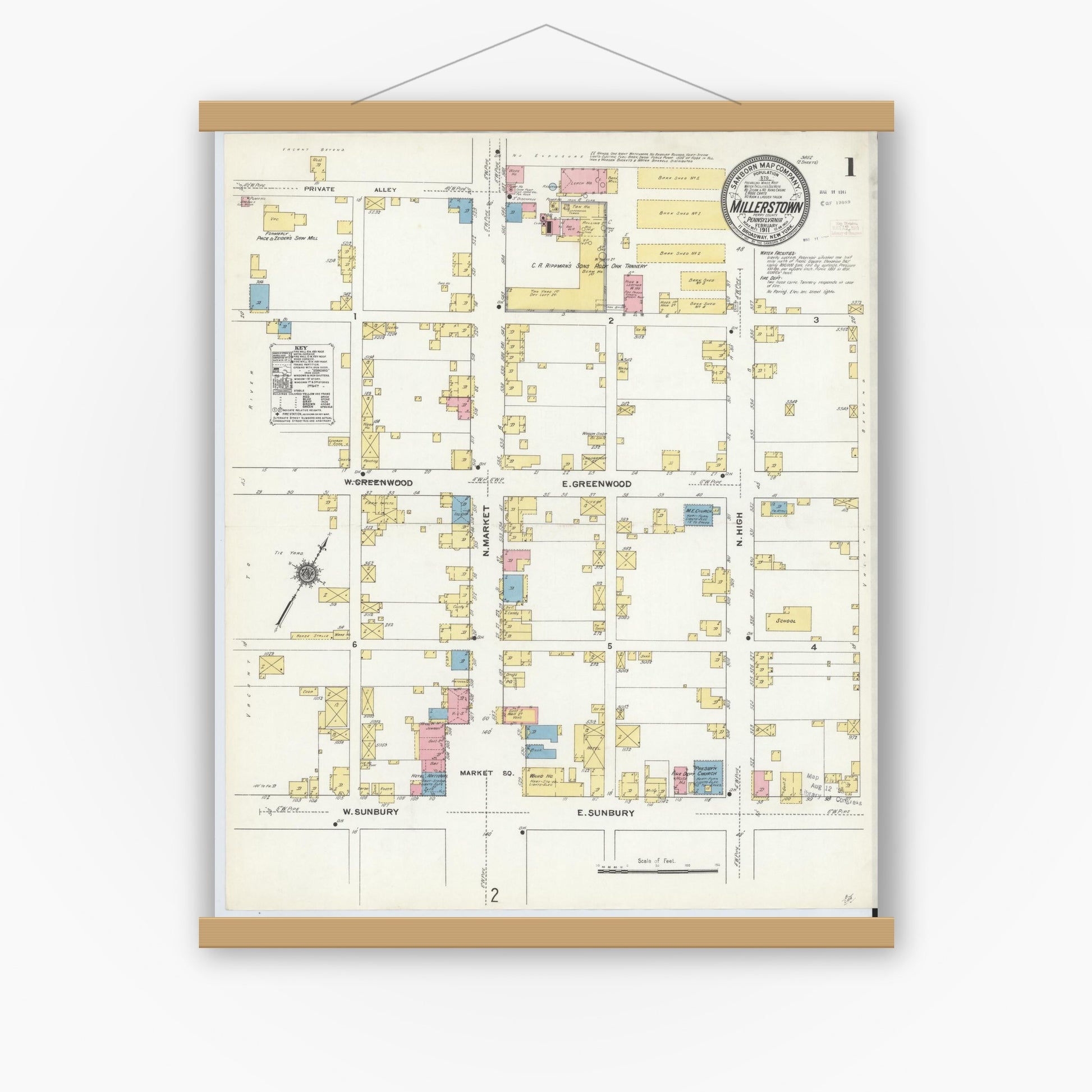 Old map wall art mockup — magnetic wood frame on white wall — Sanborn Fire Insurance Map from Millerstown, Perry County, Pennsylvania (1911) - Complete Map Set