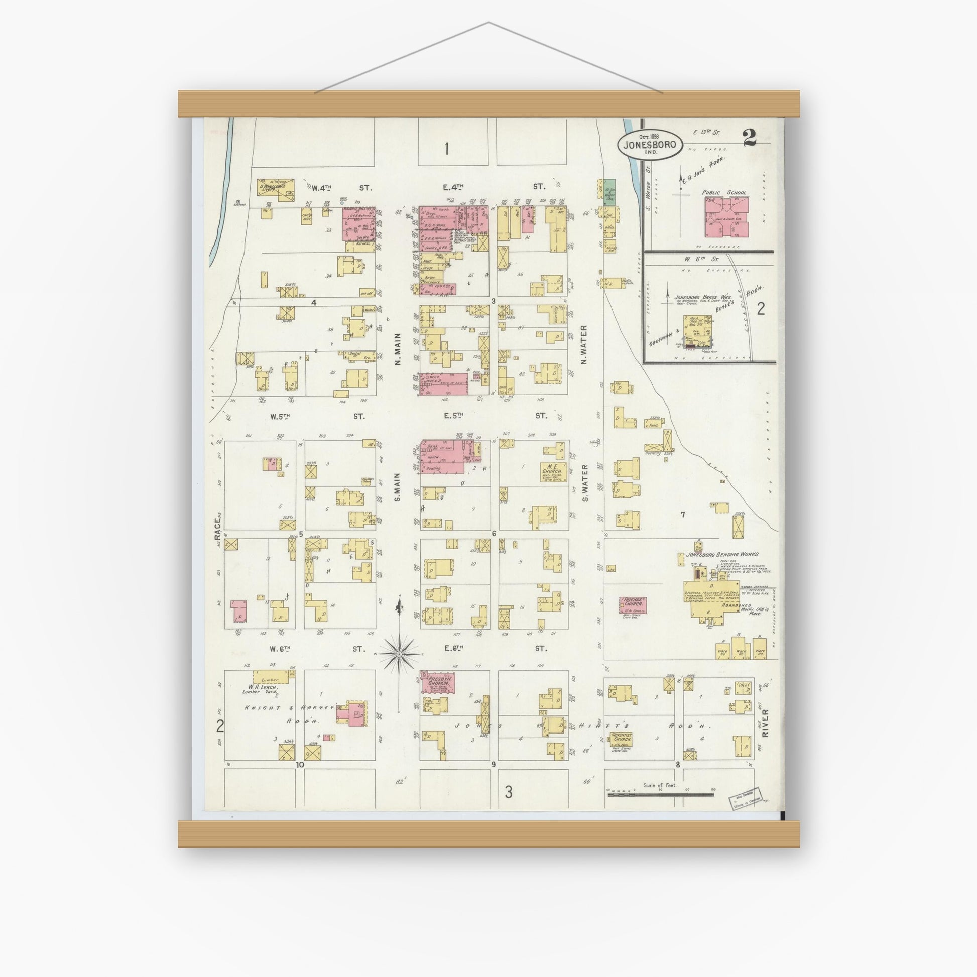 Old map wall art mockup — magnetic wood frame on white wall — Sanborn Fire Insurance Map from Jonesboro, Grant County, Indiana (1898), Sheet #0002