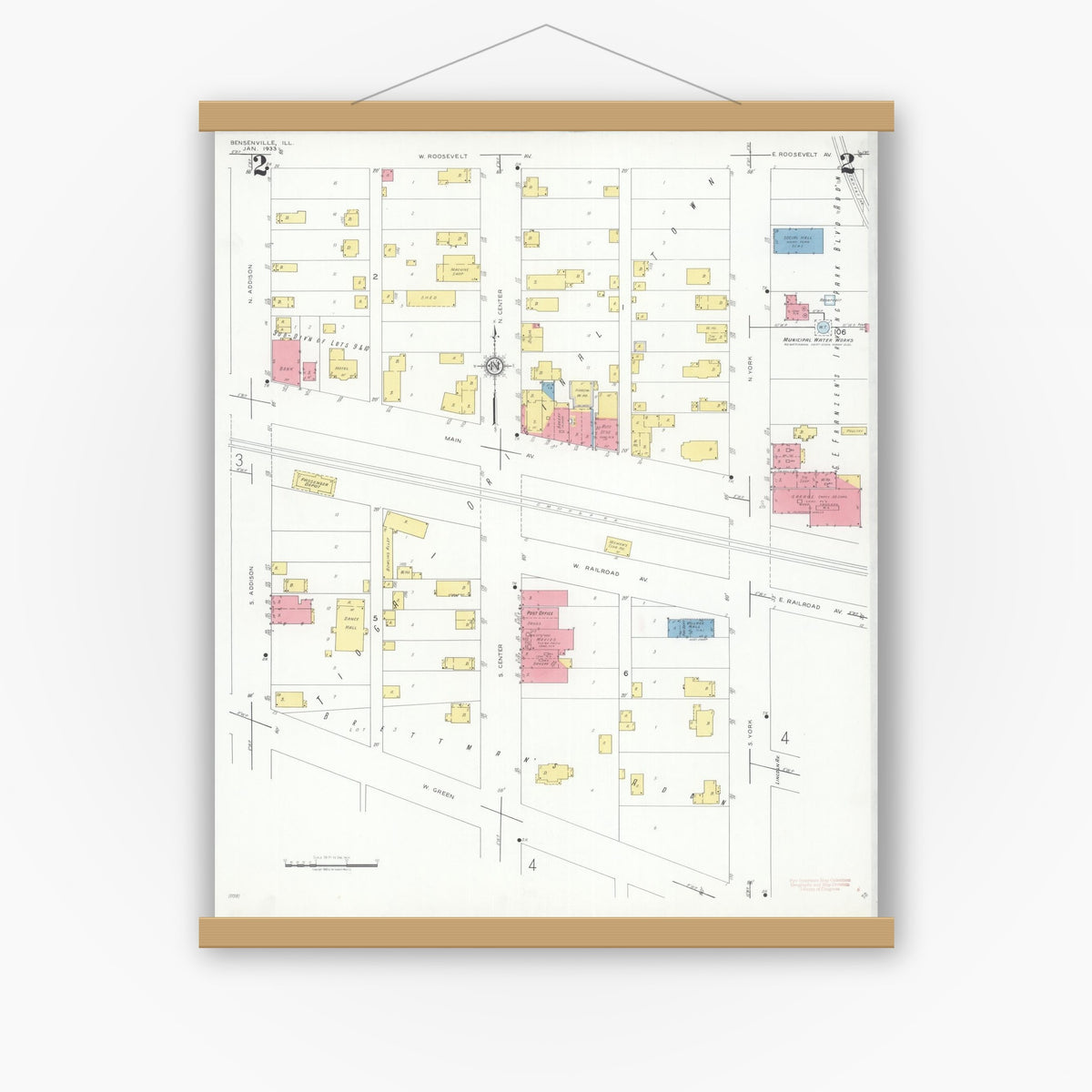 Old map wall art mockup — magnetic wood frame on white wall — Sanborn Fire Insurance Map from Bensenville, Dupage County, Illinois (1933), Sheet #0002