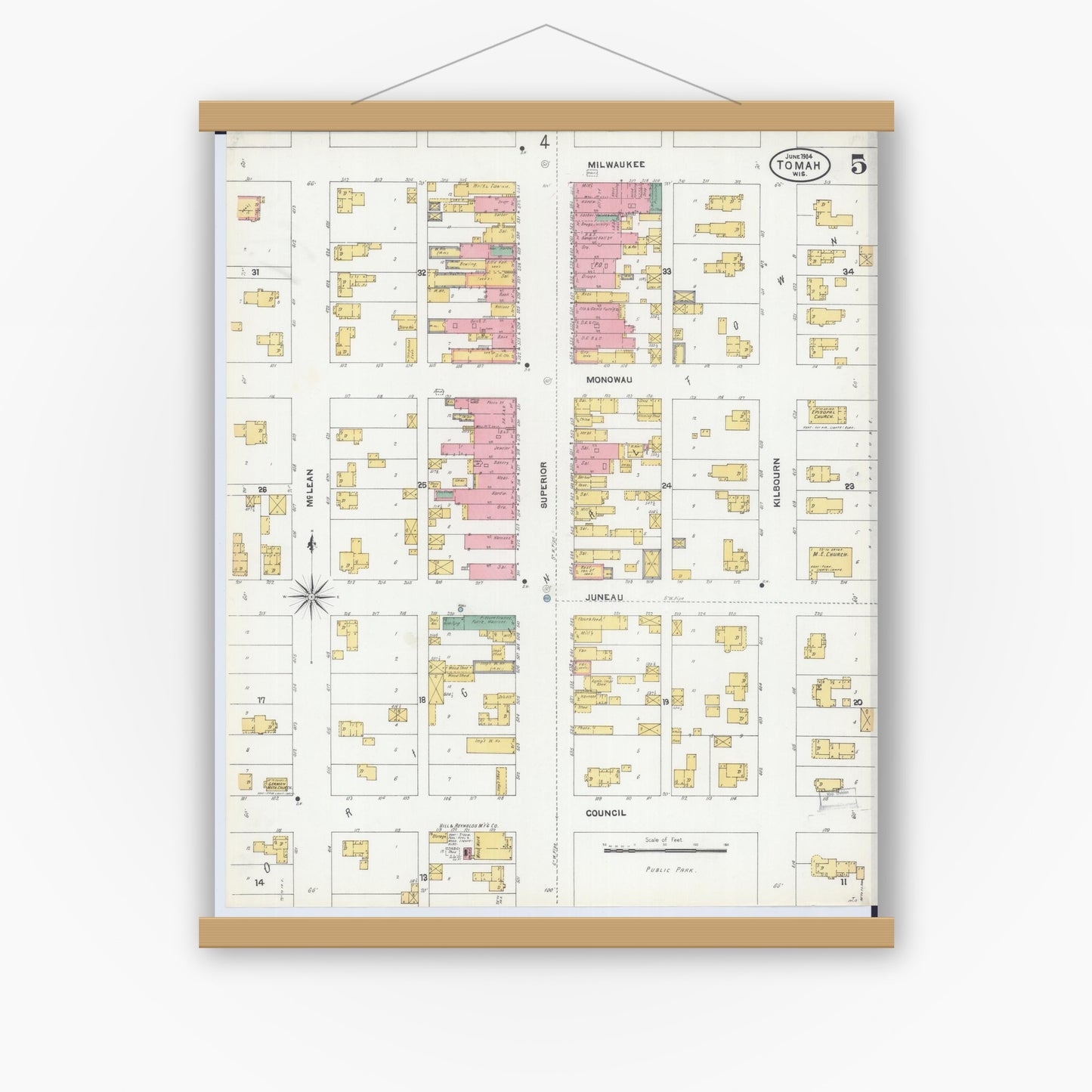 Old map wall art mockup — magnetic wood frame on white wall — Sanborn Fire Insurance Map from Tomah, Monroe County, Wisconsin (1904), Sheet #0005