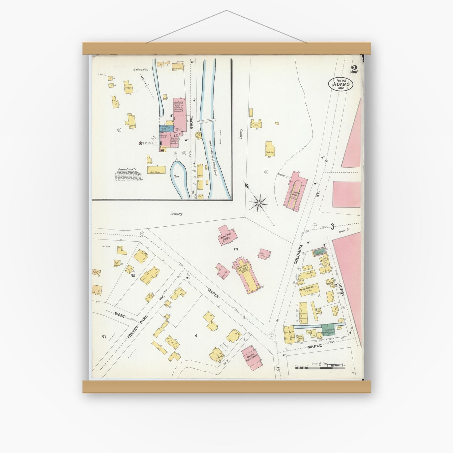 Old map wall art mockup — magnetic wood frame on white wall — Sanborn Fire Insurance Map from Adams, Berkshire County, Massachusetts (1901), Sheet #0002