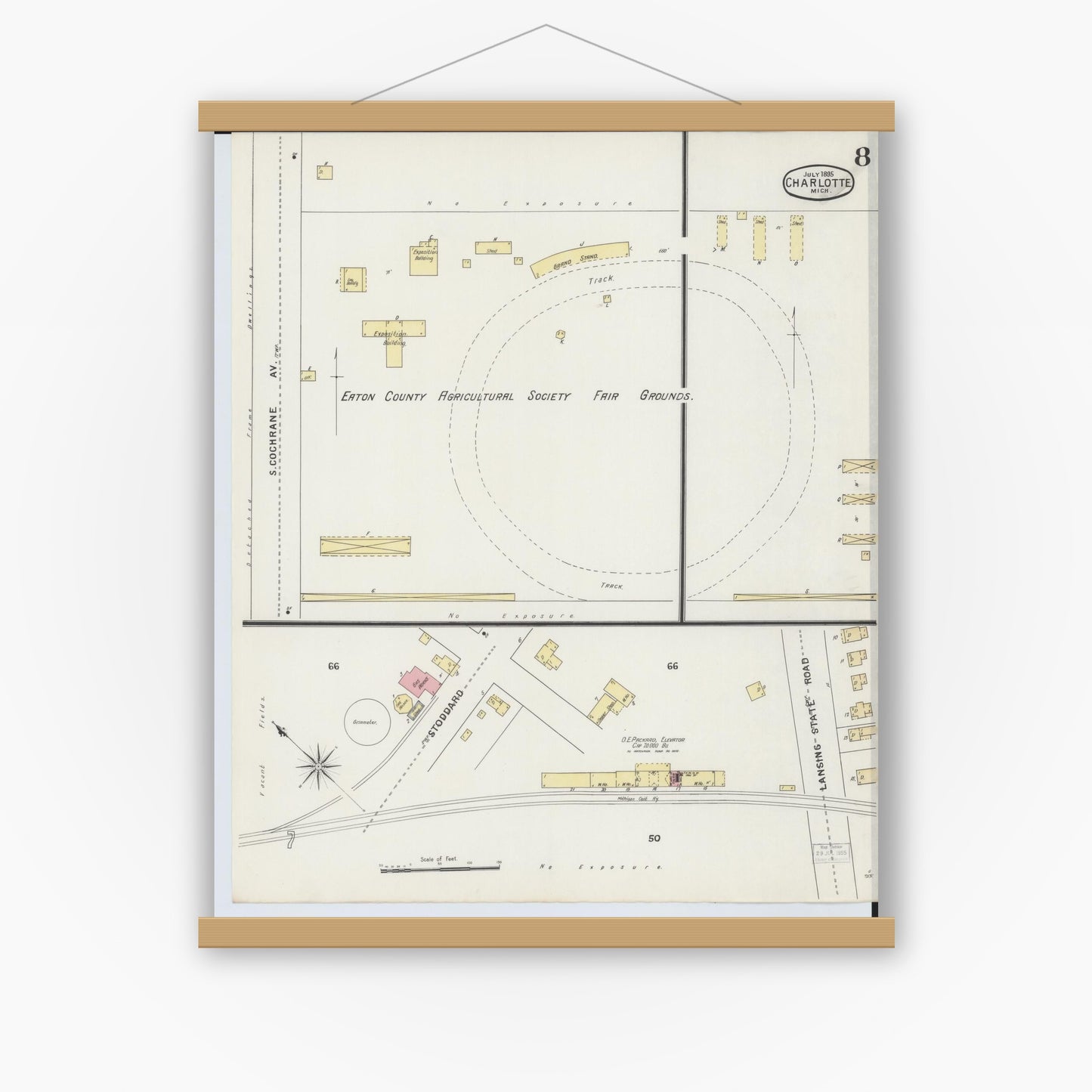 Old map wall art mockup — magnetic wood frame on white wall — Sanborn Fire Insurance Map from Charlotte, Eaton County, Michigan (1895), Sheet #0008