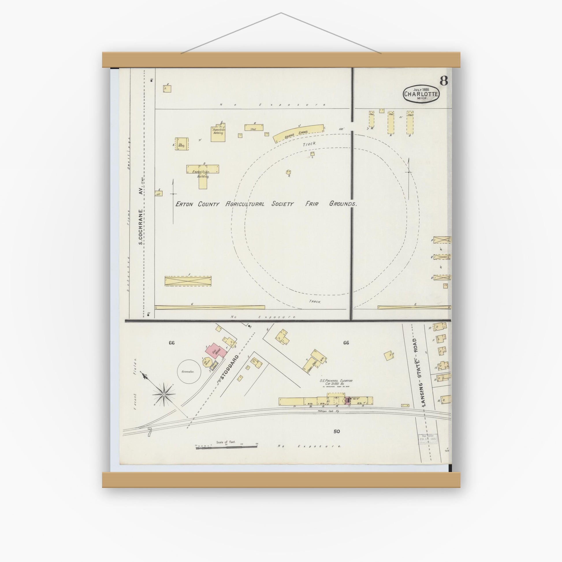 Old map wall art mockup — magnetic wood frame on white wall — Sanborn Fire Insurance Map from Charlotte, Eaton County, Michigan (1895), Sheet #0008
