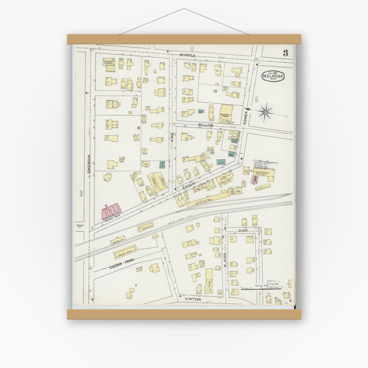 Old map wall art mockup — magnetic wood frame on white wall — Sanborn Fire Insurance Map from Melrose, Middlesex County, Massachusetts (1892), Sheet #0003