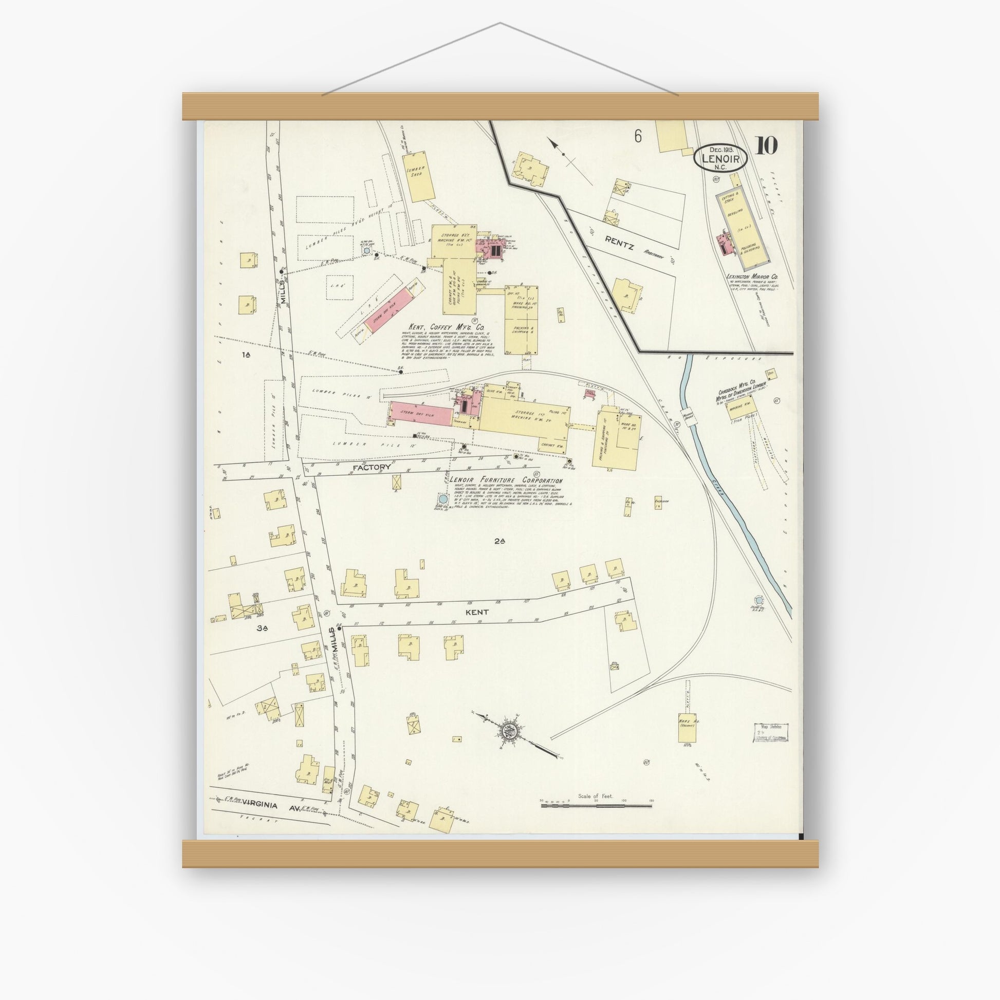 Old map wall art mockup — magnetic wood frame on white wall — Sanborn Fire Insurance Map from Lenoir, Caldwell County, North Carolina (1913), Sheet #0010