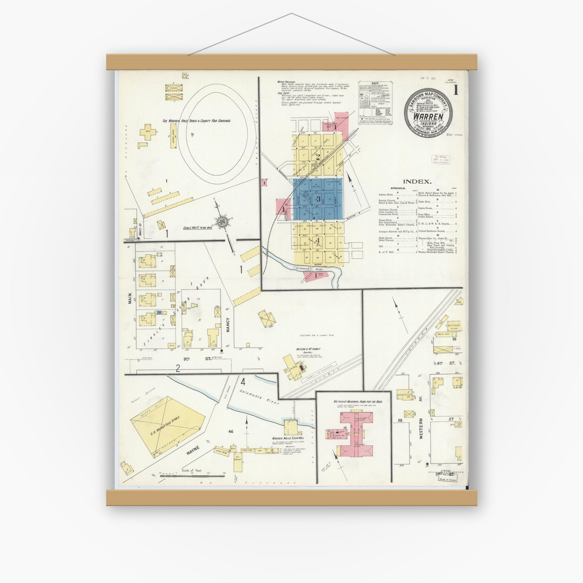 Old map wall art mockup — magnetic wood frame on white wall — Sanborn Fire Insurance Map from Warren, Huntington County, Indiana (1911) - Complete Map Set