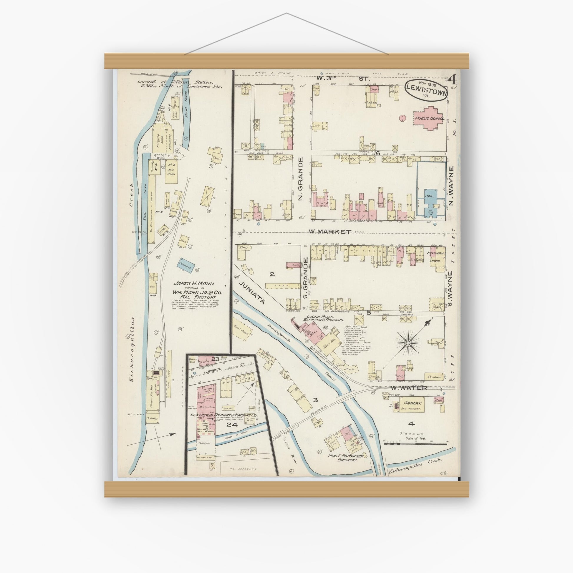Old map wall art mockup — magnetic wood frame on white wall — Sanborn Fire Insurance Map from Lewistown, Mifflin County, Pennsylvania (1885), Sheet #0004