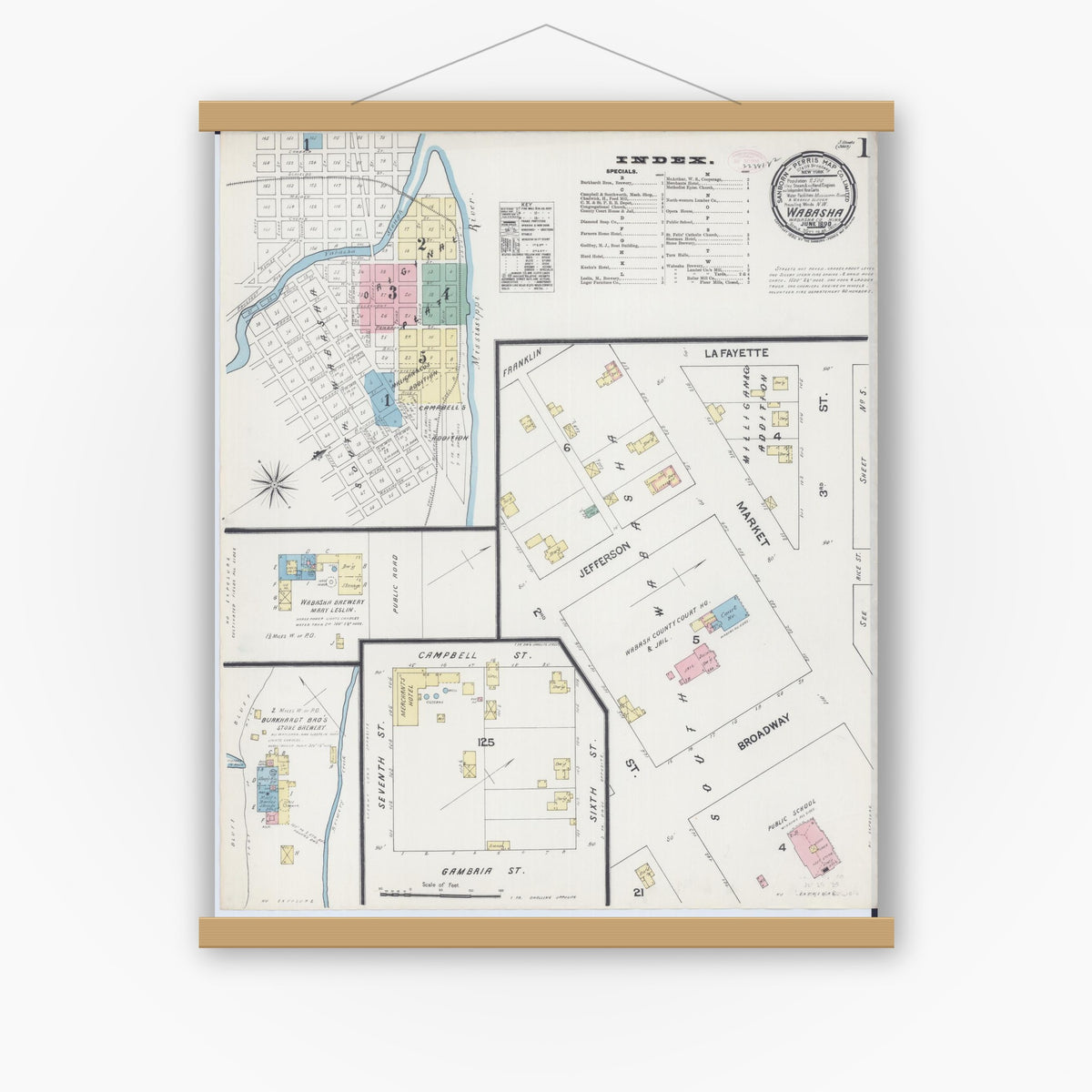 Old map wall art mockup — magnetic wood frame on white wall — Sanborn Fire Insurance Map from Wabasha, Wabasha County, Minnesota (1890), Sheet #0001