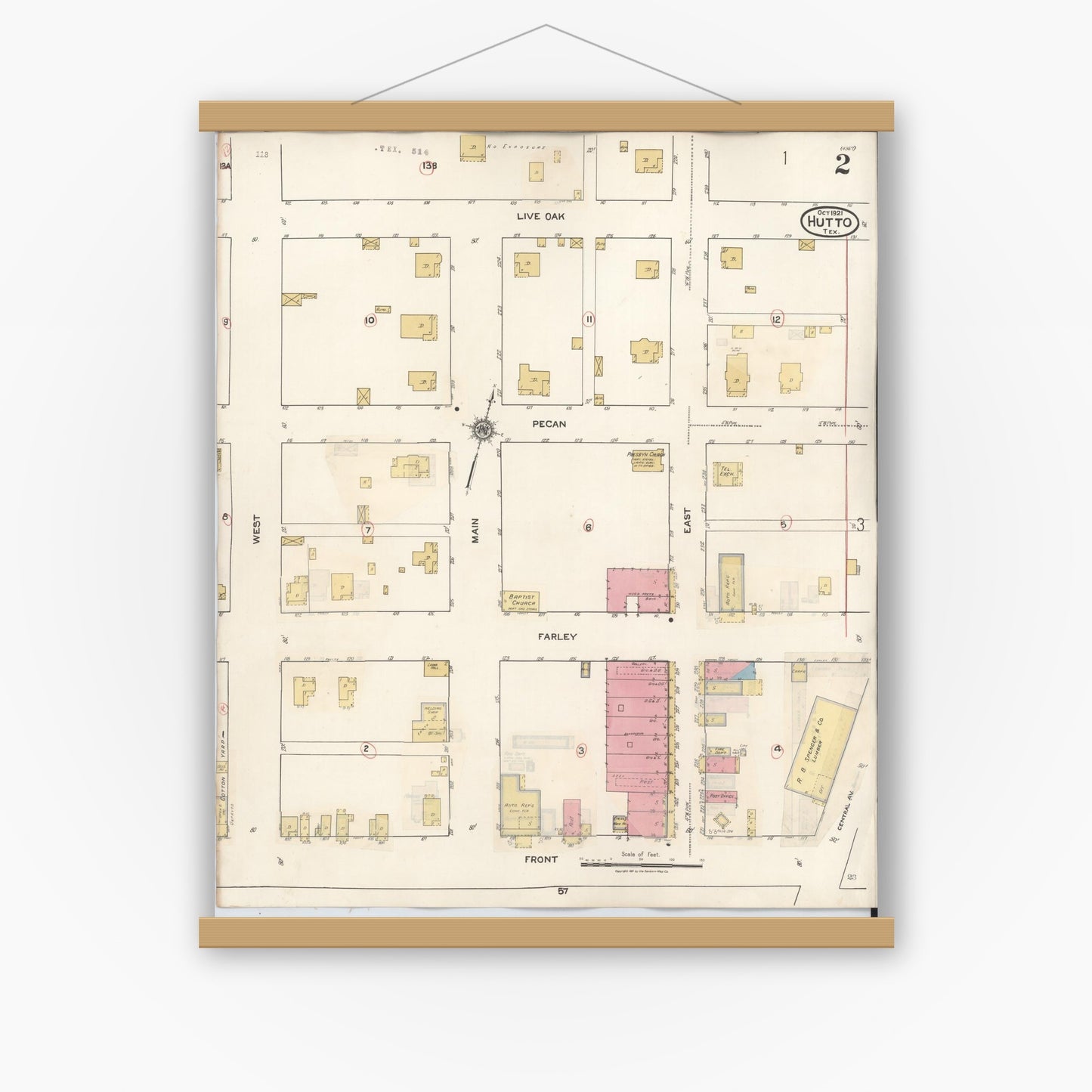 Old map wall art mockup — magnetic wood frame on white wall — Sanborn Fire Insurance Map from Hutto, Williamson County, Texas (1937), Sheet #0002
