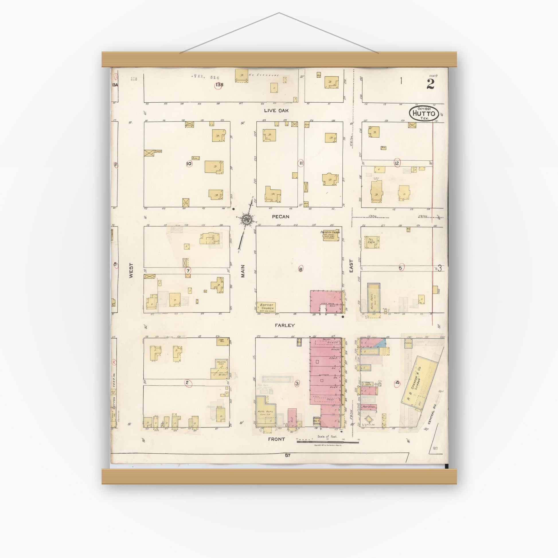 Old map wall art mockup — magnetic wood frame on white wall — Sanborn Fire Insurance Map from Hutto, Williamson County, Texas (1937), Sheet #0002