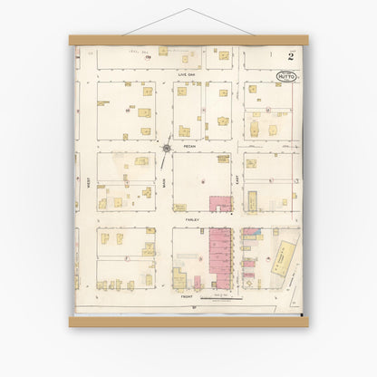 Old map wall art mockup — magnetic wood frame on white wall — Sanborn Fire Insurance Map from Hutto, Williamson County, Texas (1937), Sheet #0002
