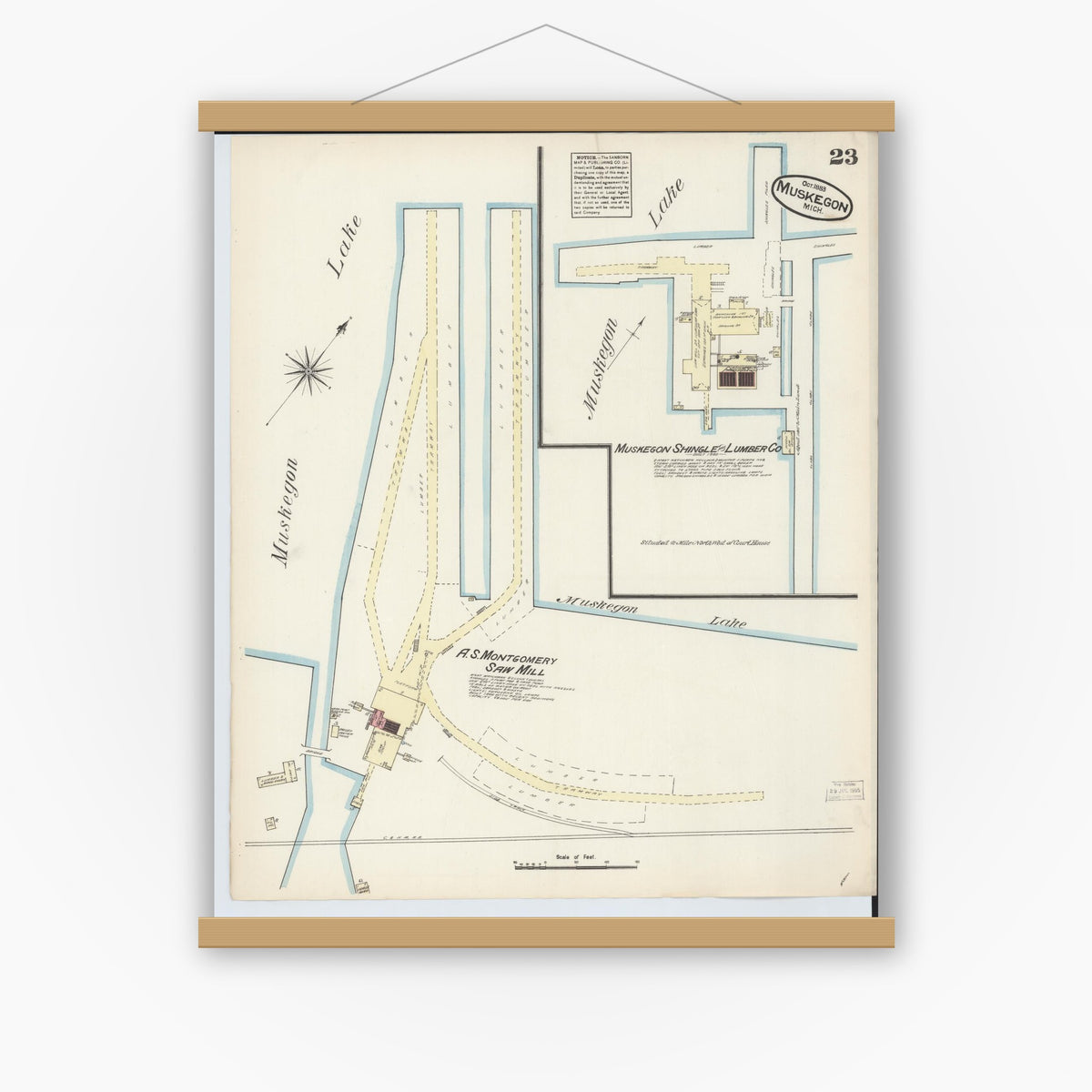Old map wall art mockup — magnetic wood frame on white wall — Sanborn Fire Insurance Map from Muskegon, Muskegon County, Michigan (1883), Sheet #0023