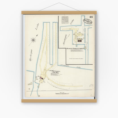 Old map wall art mockup — magnetic wood frame on white wall — Sanborn Fire Insurance Map from Muskegon, Muskegon County, Michigan (1883), Sheet #0023