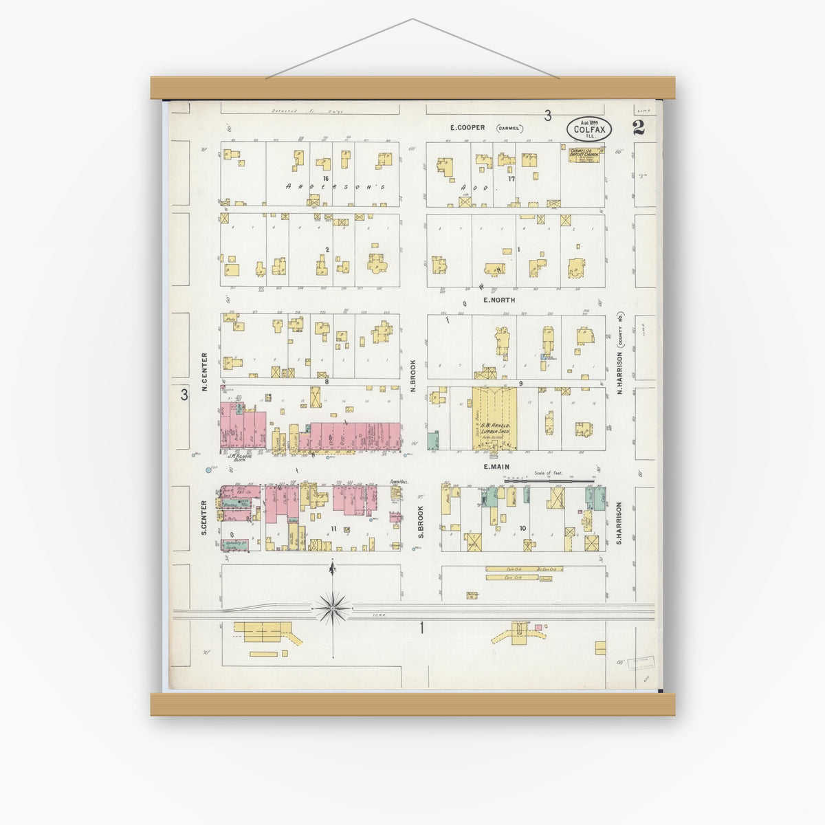 Old map wall art mockup — magnetic wood frame on white wall — Sanborn Fire Insurance Map from Colfax, McLean County, Illinois (1899), Sheet #0002
