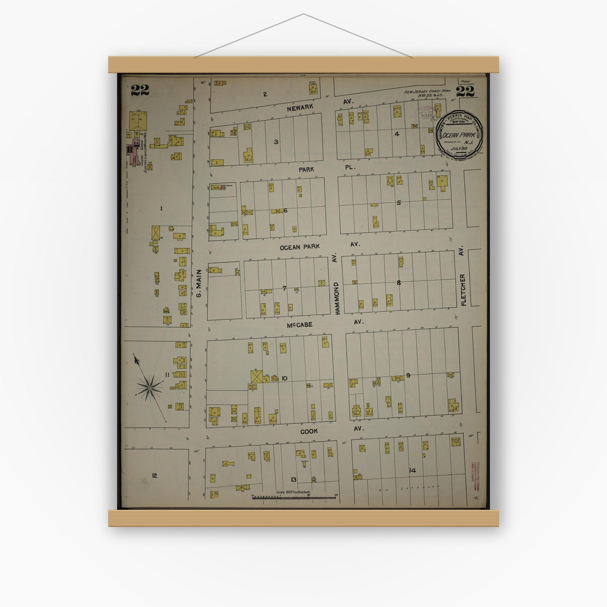 Old map wall art mockup — magnetic wood frame on white wall — Sanborn Fire Insurance Map from New Jersey Coast, New Jersey Coast, New Jersey (1890), Sheet #0022