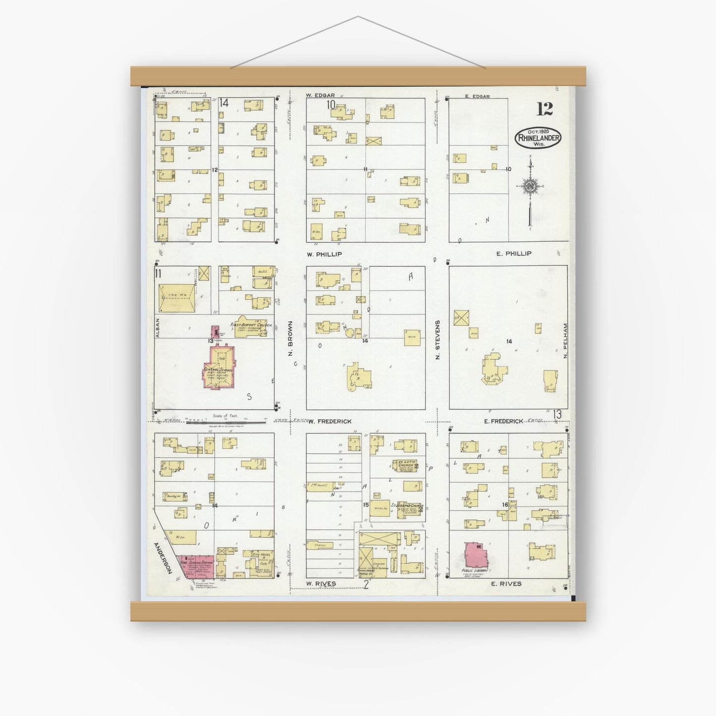Old map wall art mockup — magnetic wood frame on white wall — Sanborn Fire Insurance Map from Rhinelander, Oneida County, Wisconsin (1920), Sheet #0012