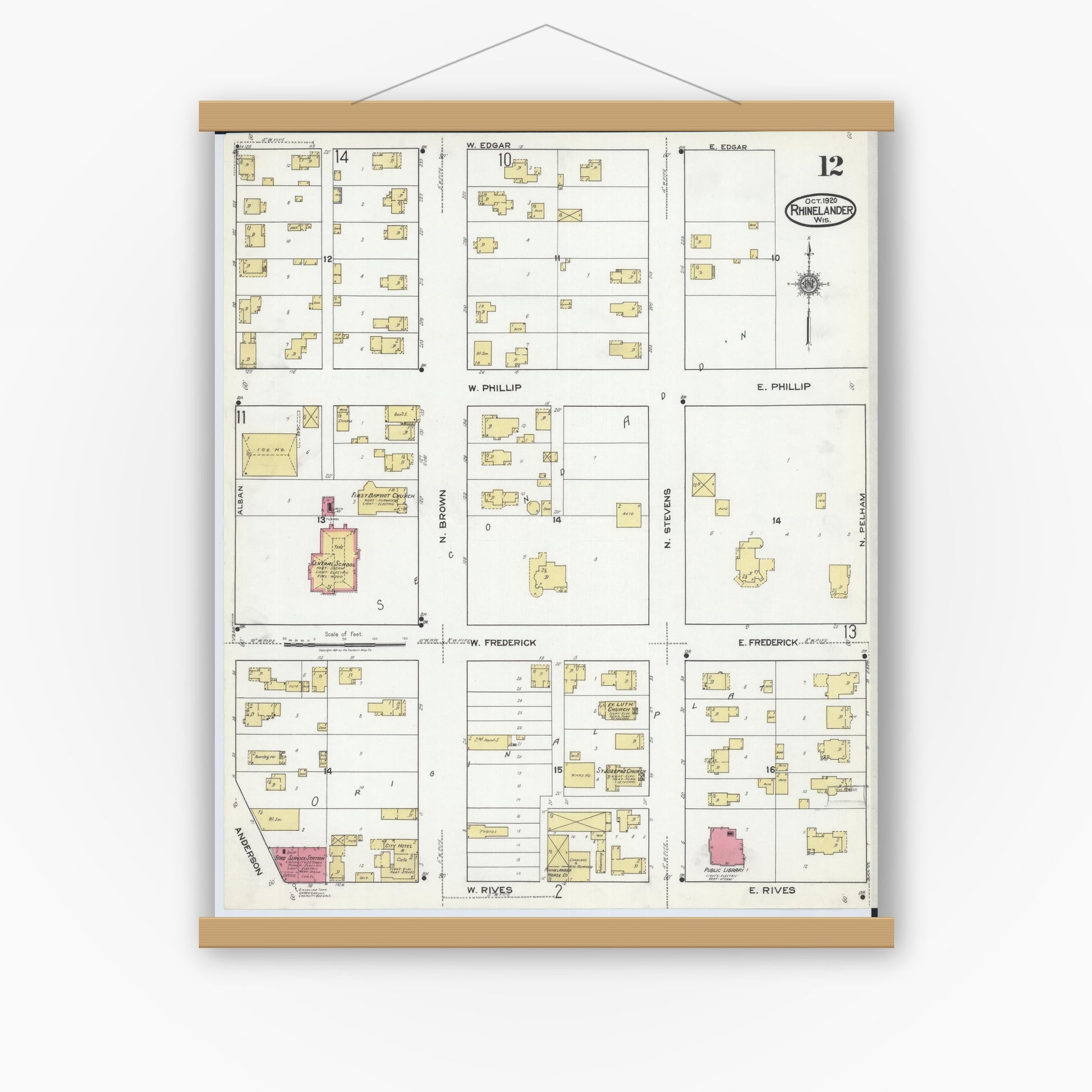 Old map wall art mockup — magnetic wood frame on white wall — Sanborn Fire Insurance Map from Rhinelander, Oneida County, Wisconsin (1920), Sheet #0012