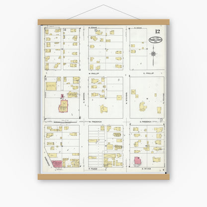 Old map wall art mockup — magnetic wood frame on white wall — Sanborn Fire Insurance Map from Rhinelander, Oneida County, Wisconsin (1920), Sheet #0012