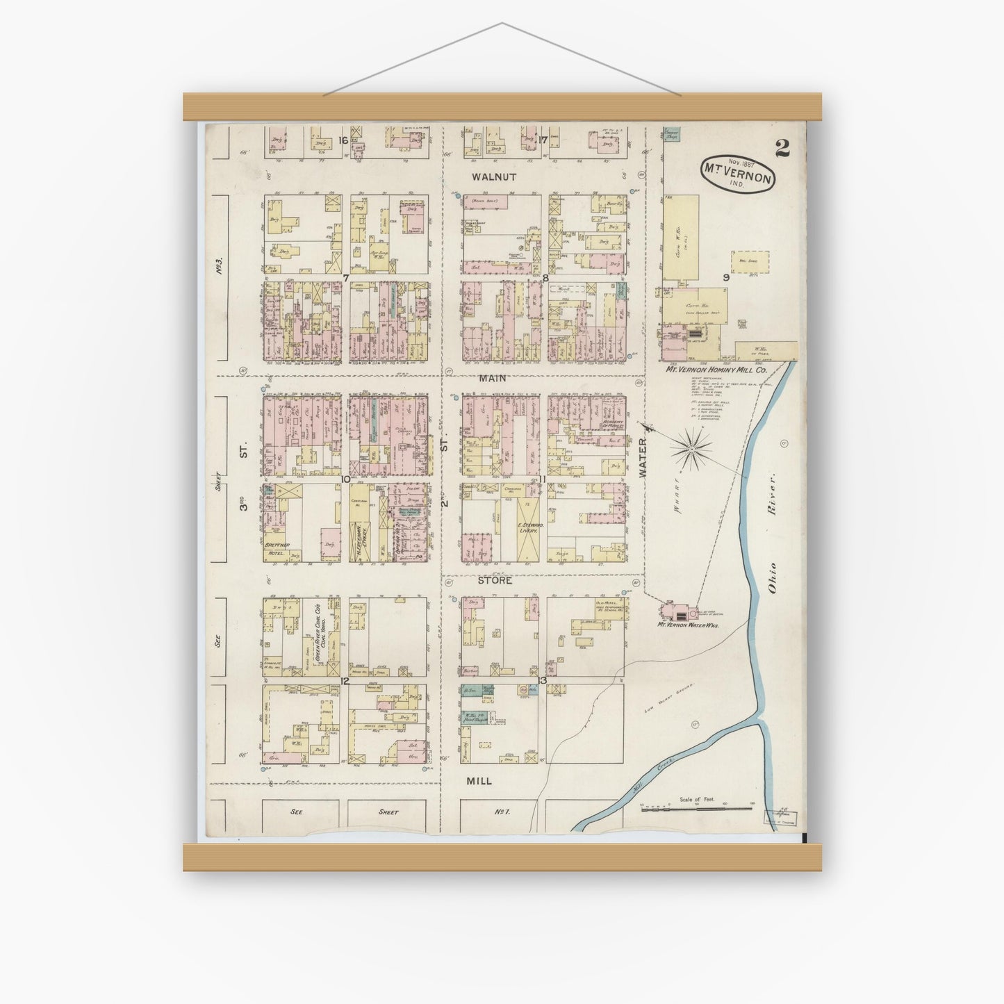 Old map wall art mockup — magnetic wood frame on white wall — Sanborn Fire Insurance Map from Mount Vernon, Posey County, Indiana (1887), Sheet #0002