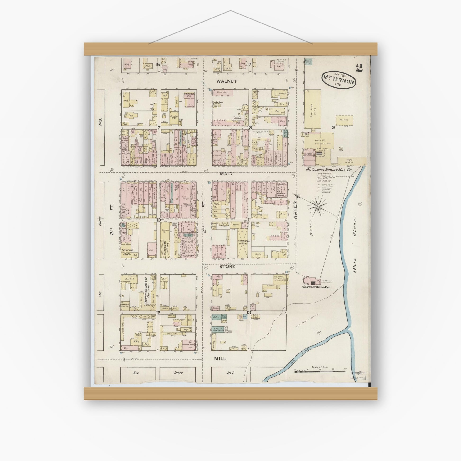 Old map wall art mockup — magnetic wood frame on white wall — Sanborn Fire Insurance Map from Mount Vernon, Posey County, Indiana (1887), Sheet #0002