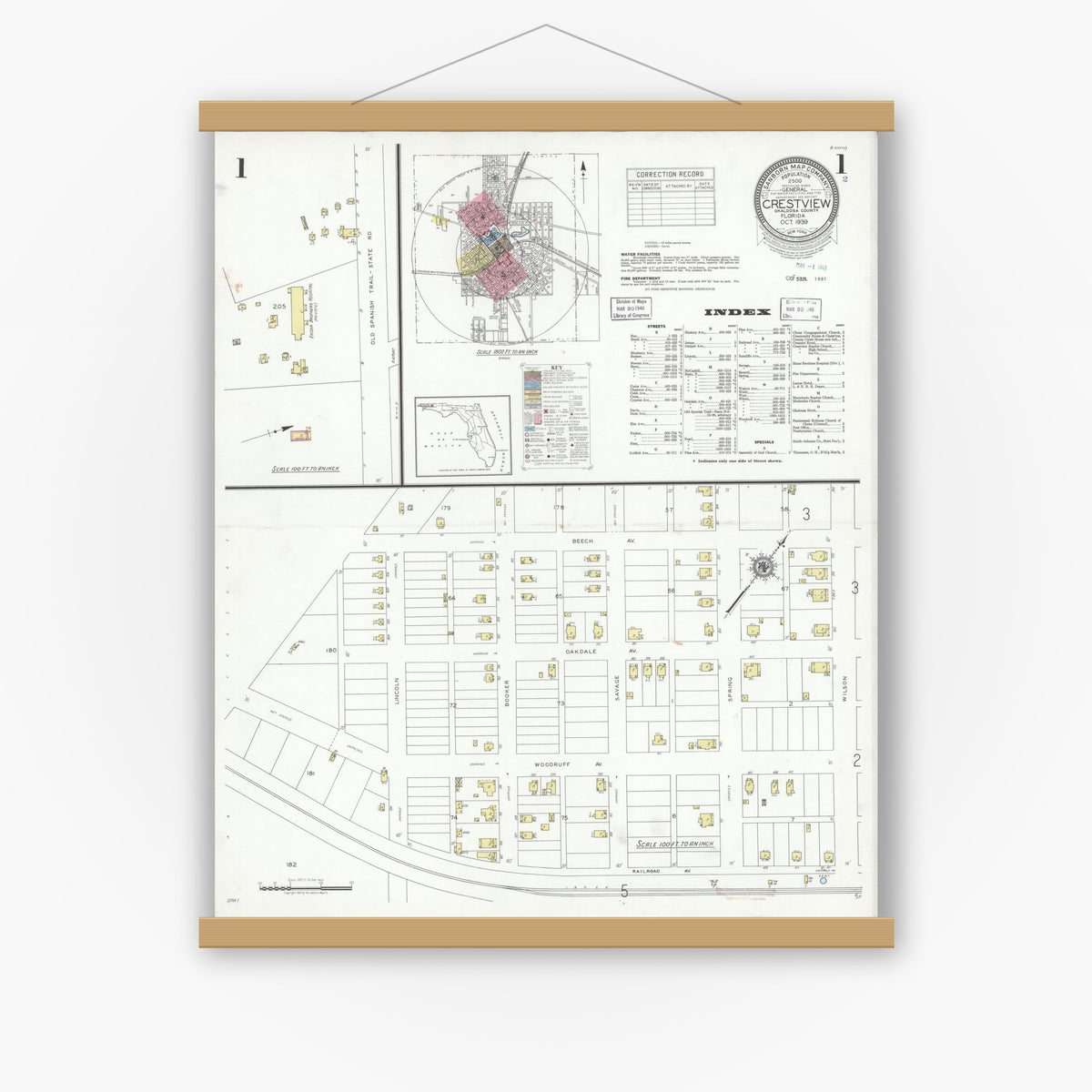 Old map wall art mockup — magnetic wood frame on white wall — Sanborn Fire Insurance Map from Crestview, Okaloosa County, Florida (1939), Sheet #0001