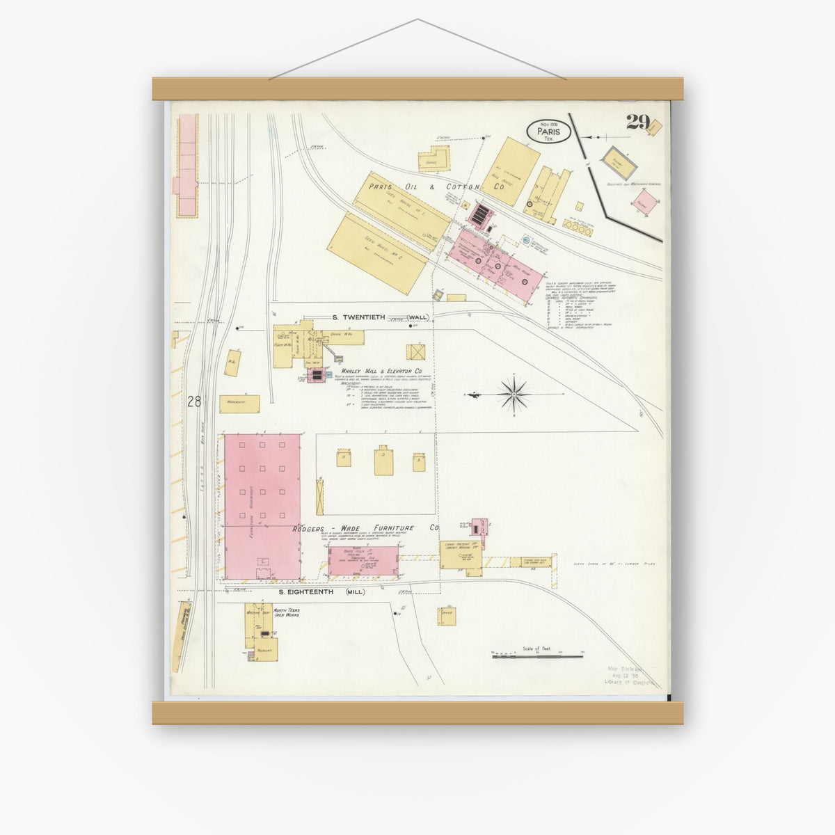 Old map wall art mockup — magnetic wood frame on white wall — Sanborn Fire Insurance Map from Paris, Lamar County, Texas (1908), Sheet #0029