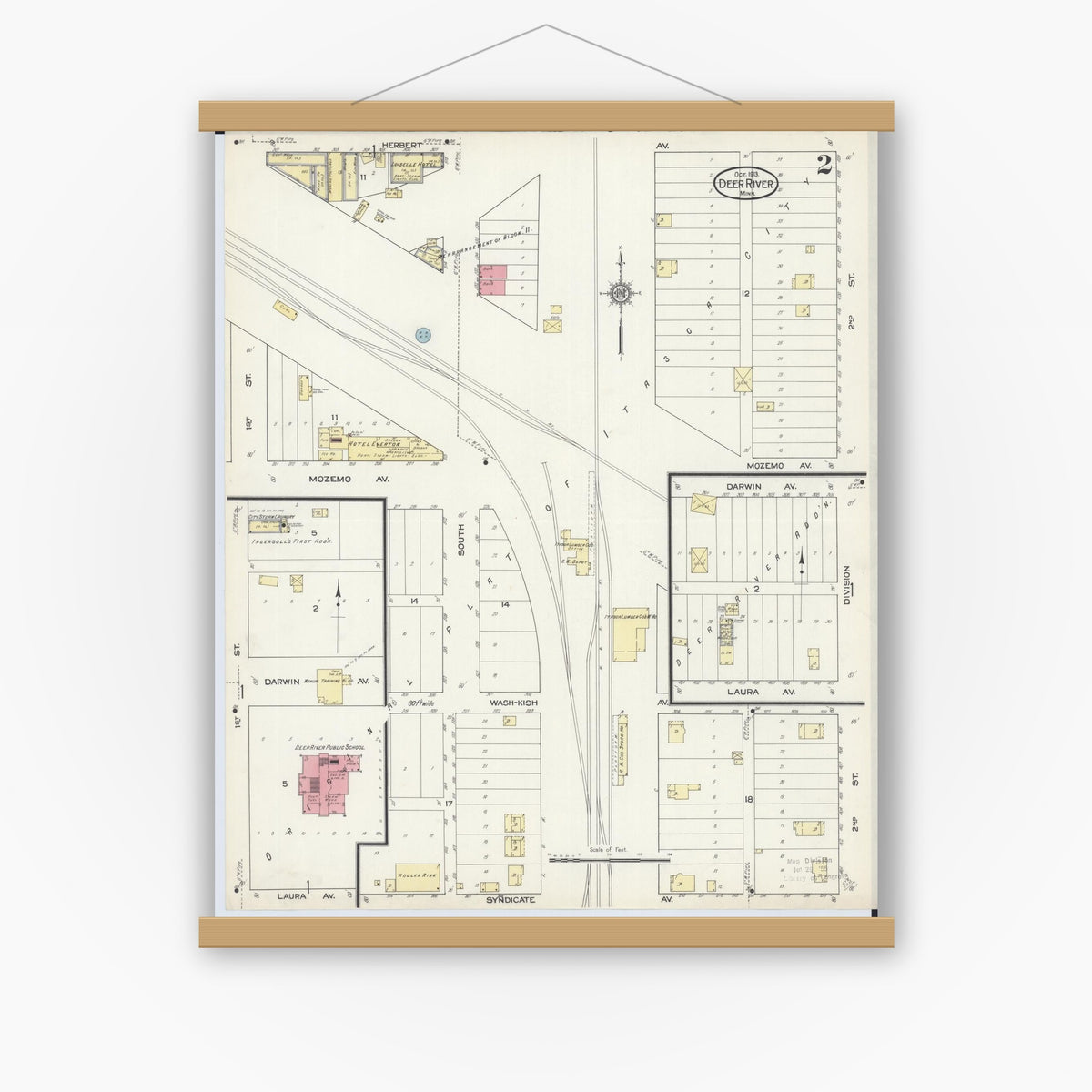 Old map wall art mockup — magnetic wood frame on white wall — Sanborn Fire Insurance Map from Deer River, Itasca County, Minnesota (1913), Sheet #0002