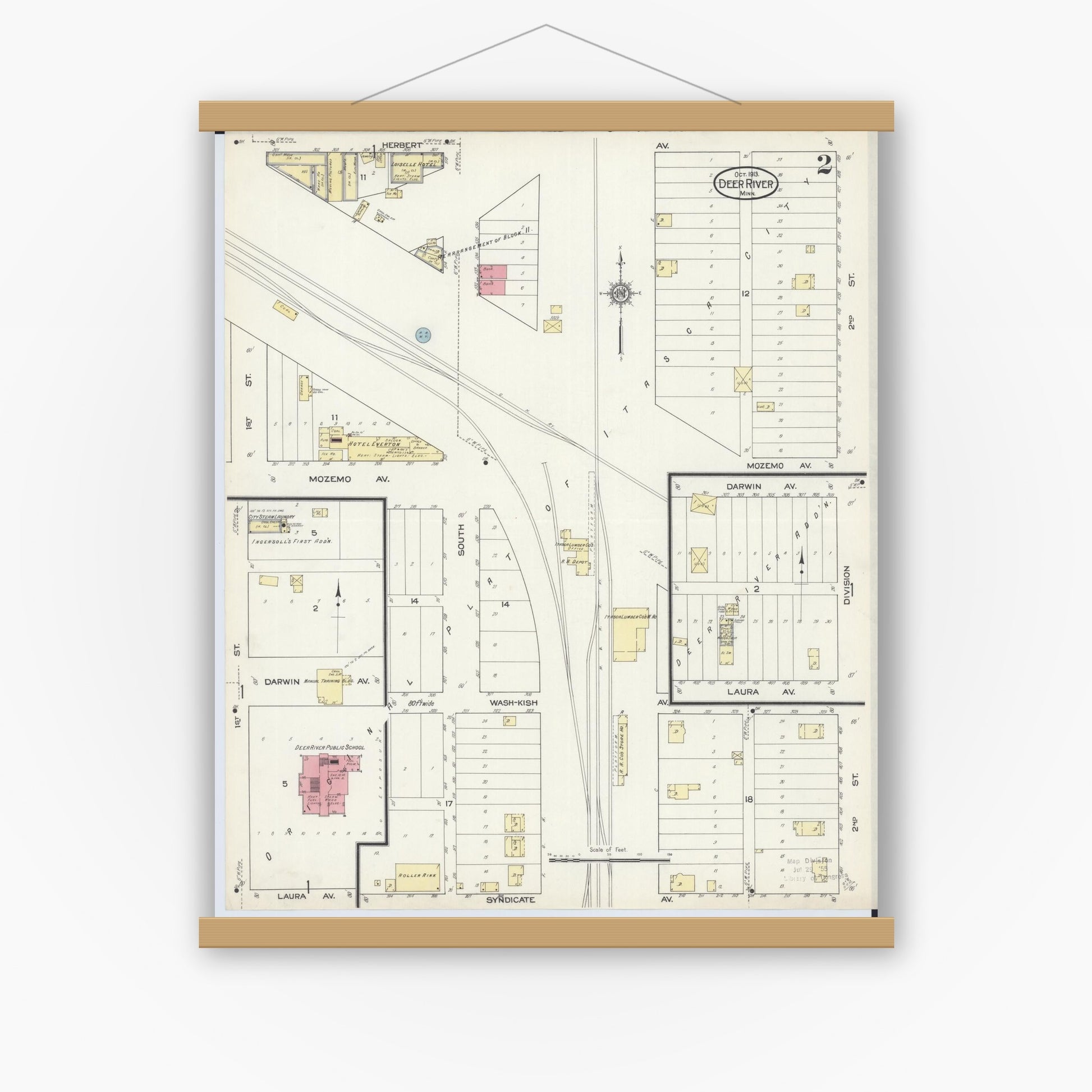 Old map wall art mockup — magnetic wood frame on white wall — Sanborn Fire Insurance Map from Deer River, Itasca County, Minnesota (1913), Sheet #0002