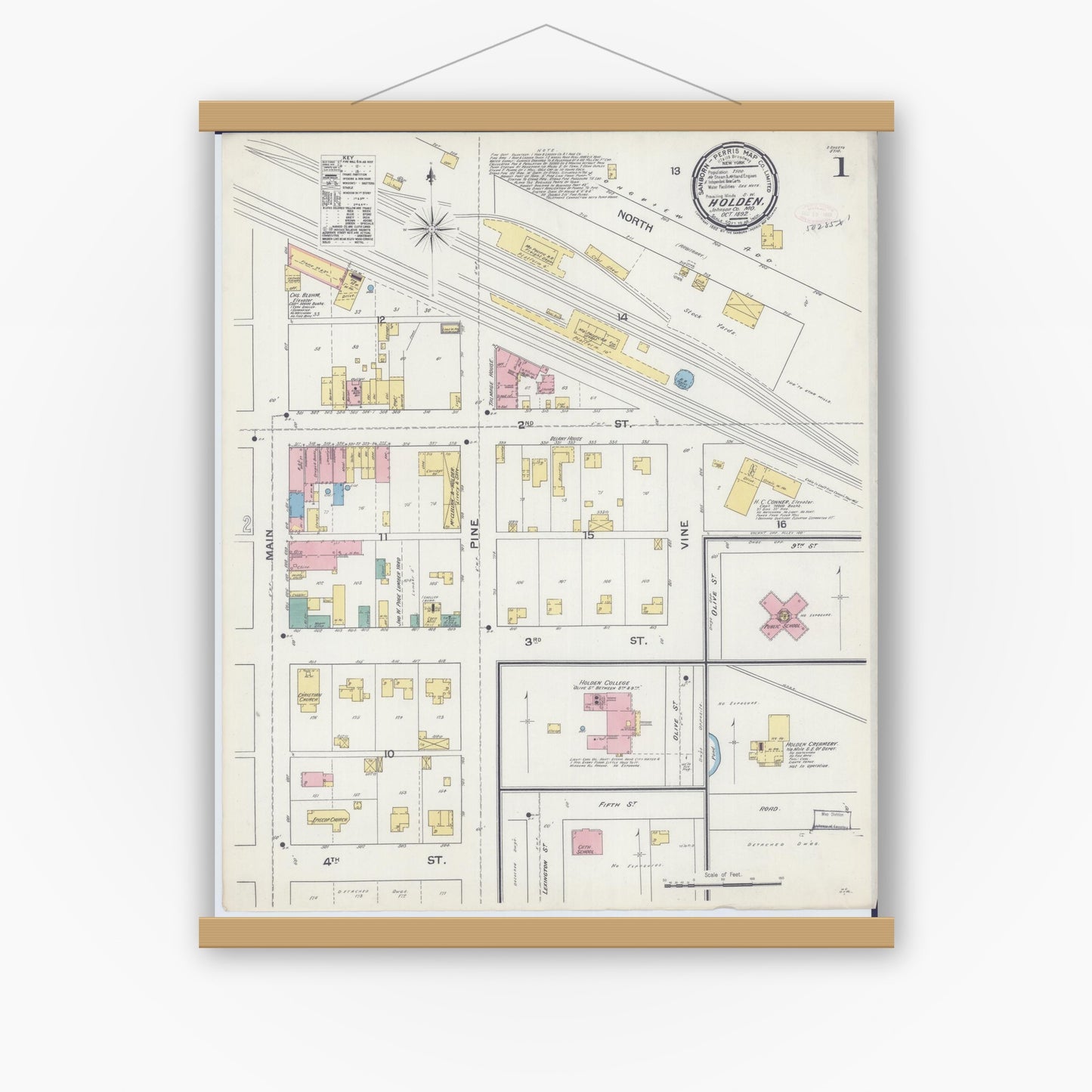 Old map wall art mockup — magnetic wood frame on white wall — Sanborn Fire Insurance Map from Holden, Johnson County, Missouri (1892), Sheet #0001