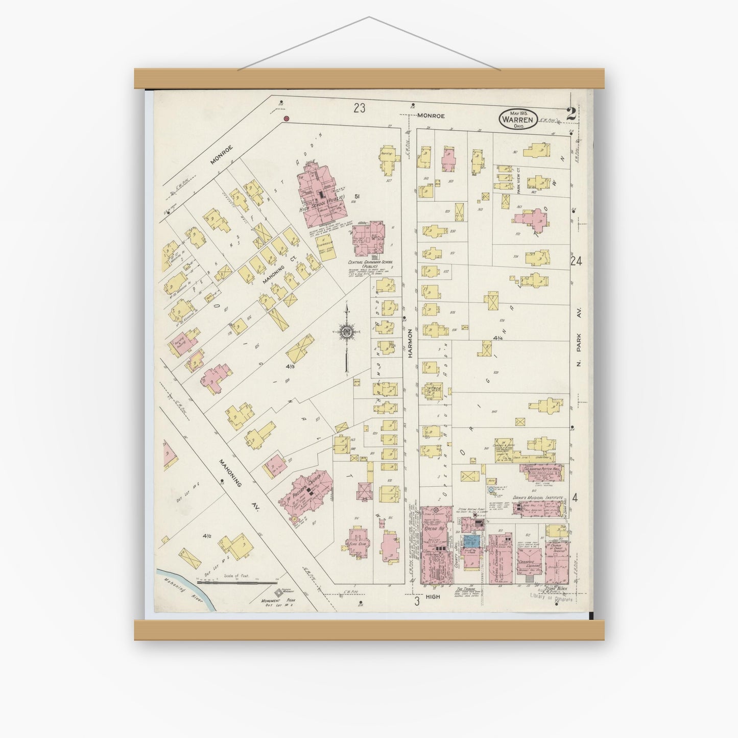 Old map wall art mockup — magnetic wood frame on white wall — Sanborn Fire Insurance Map from Warren, Trumbull County, Ohio (1915), Sheet #0002