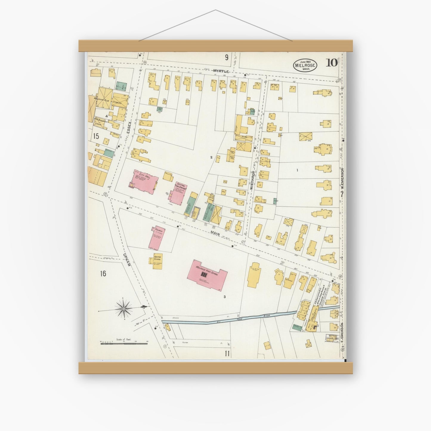 Old map wall art mockup — magnetic wood frame on white wall — Sanborn Fire Insurance Map from Melrose, Middlesex County, Massachusetts (1903), Sheet #0010