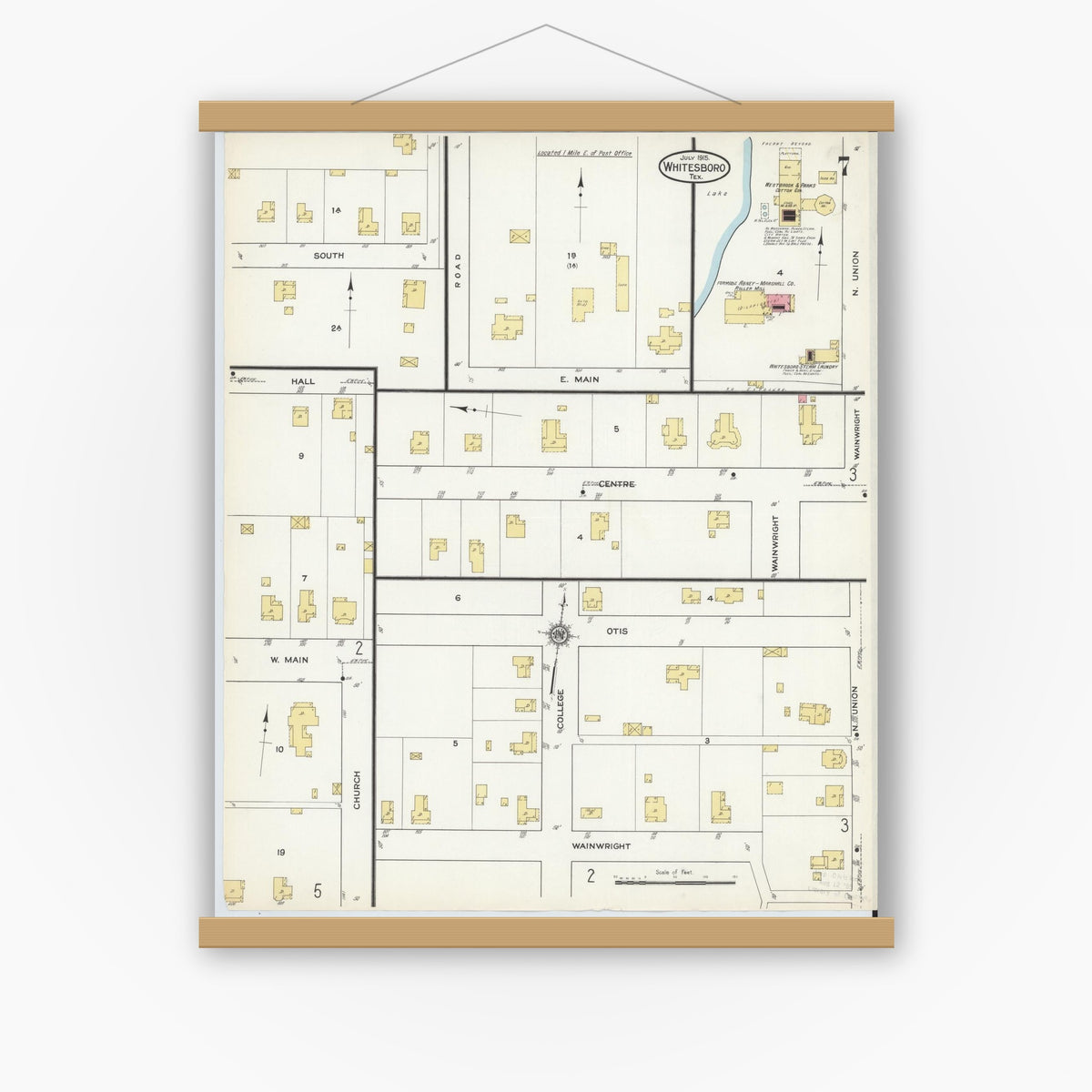 Old map wall art mockup — magnetic wood frame on white wall — Sanborn Fire Insurance Map from Whitesboro, Grayson County, Texas (1915), Sheet #0007