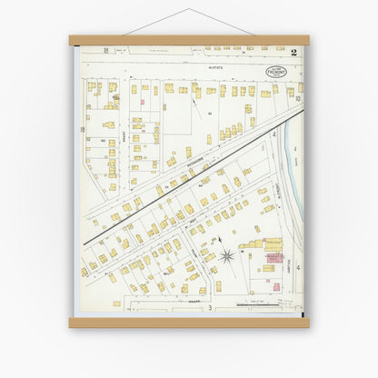 Old map wall art mockup — magnetic wood frame on white wall — Sanborn Fire Insurance Map from Fremont, Sandusky County, Ohio (1904), Sheet #0002