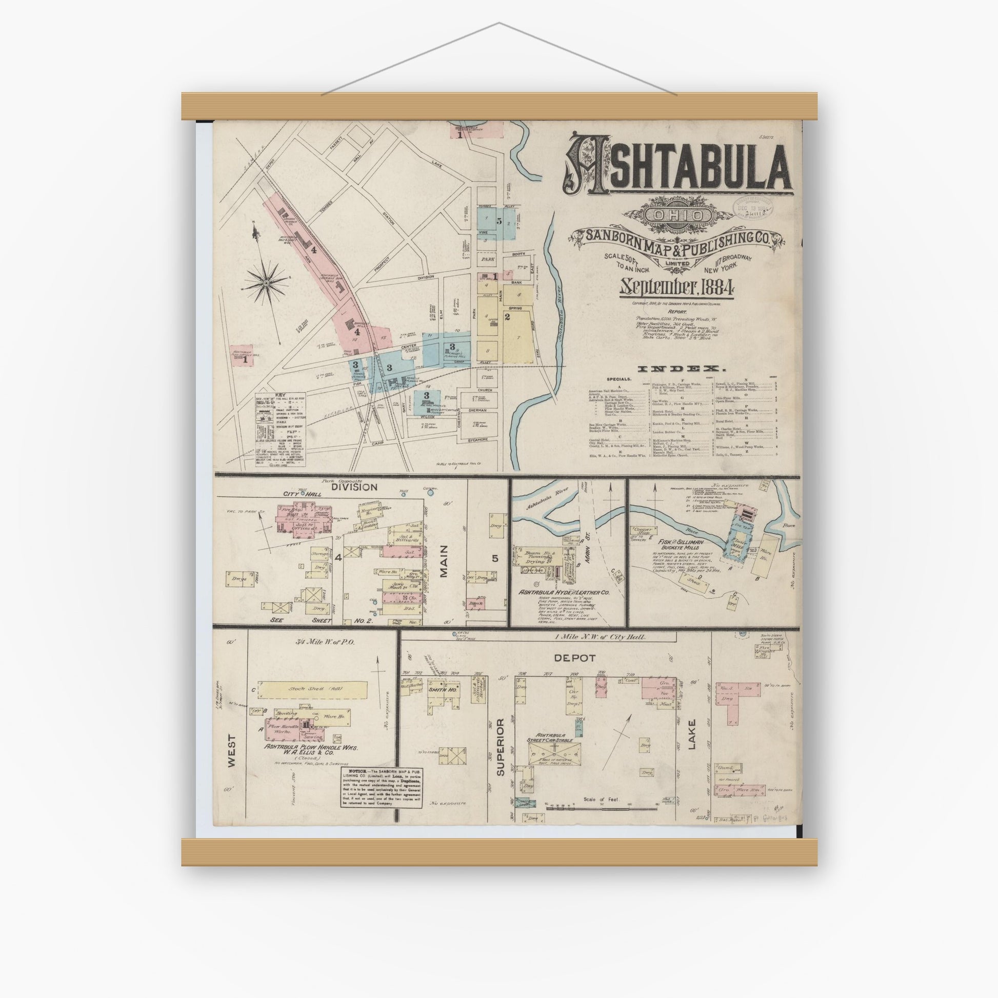 Old map wall art mockup — magnetic wood frame on white wall — Sanborn Fire Insurance Map from Ashtabula, Ashtabula County, Ohio (1884) - Complete Map Set