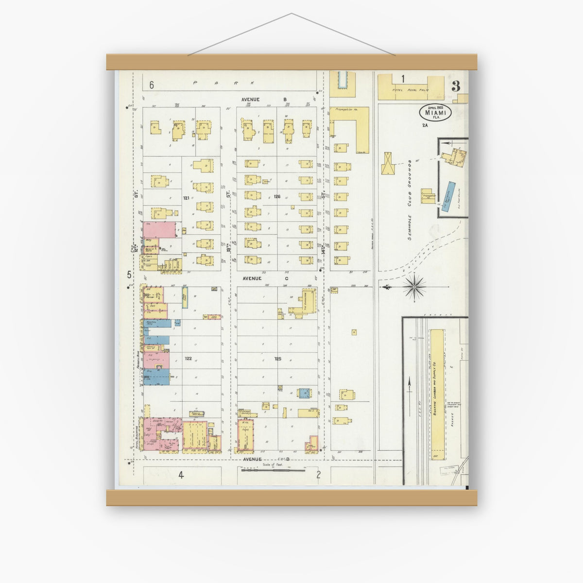 Old map wall art mockup — magnetic wood frame on white wall — Sanborn Fire Insurance Map from Miami, Dade County, Florida (1903), Sheet #0003