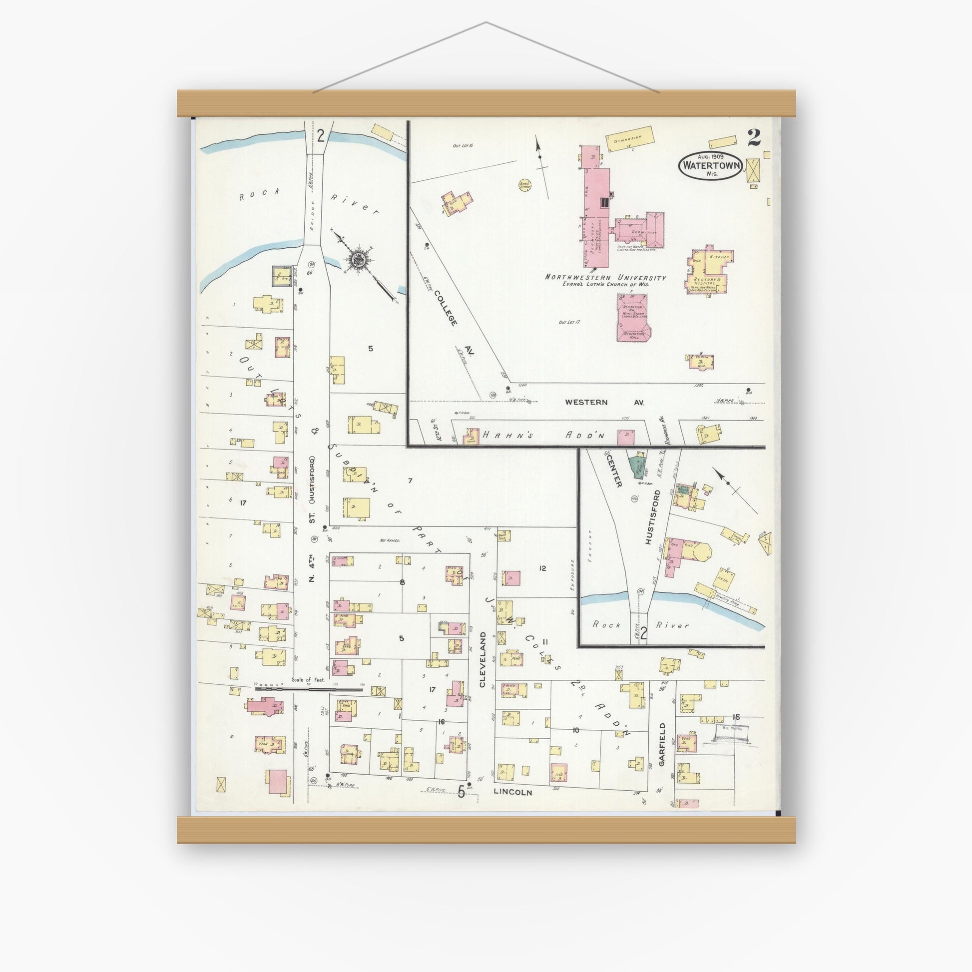 Old map wall art mockup — magnetic wood frame on white wall — Sanborn Fire Insurance Map from Watertown, Jefferson County, Wisconsin (1909), Sheet #0002