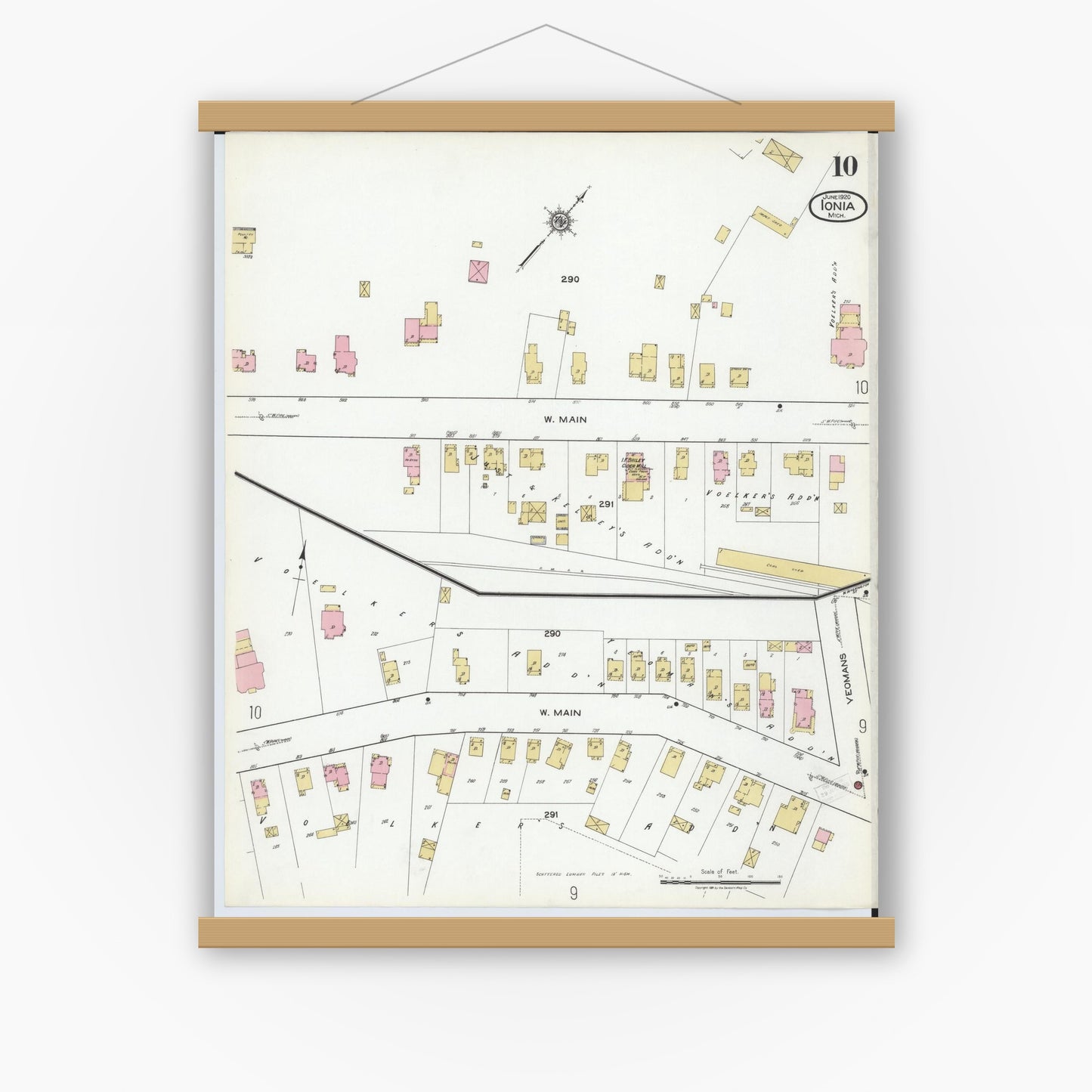 Old map wall art mockup — magnetic wood frame on white wall — Sanborn Fire Insurance Map from Ionia, Ionia County, Michigan (1920), Sheet #0010