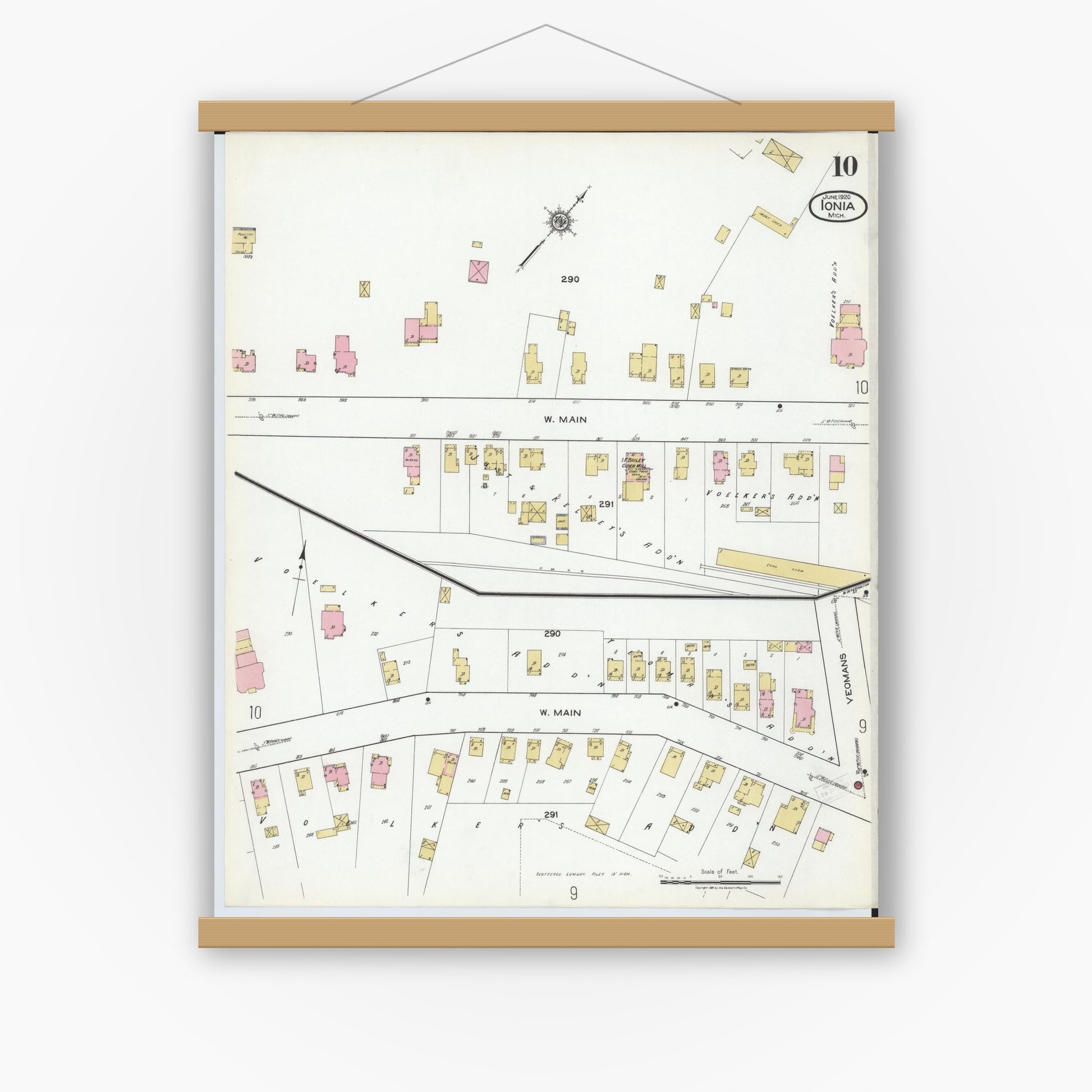 Old map wall art mockup — magnetic wood frame on white wall — Sanborn Fire Insurance Map from Ionia, Ionia County, Michigan (1920), Sheet #0010