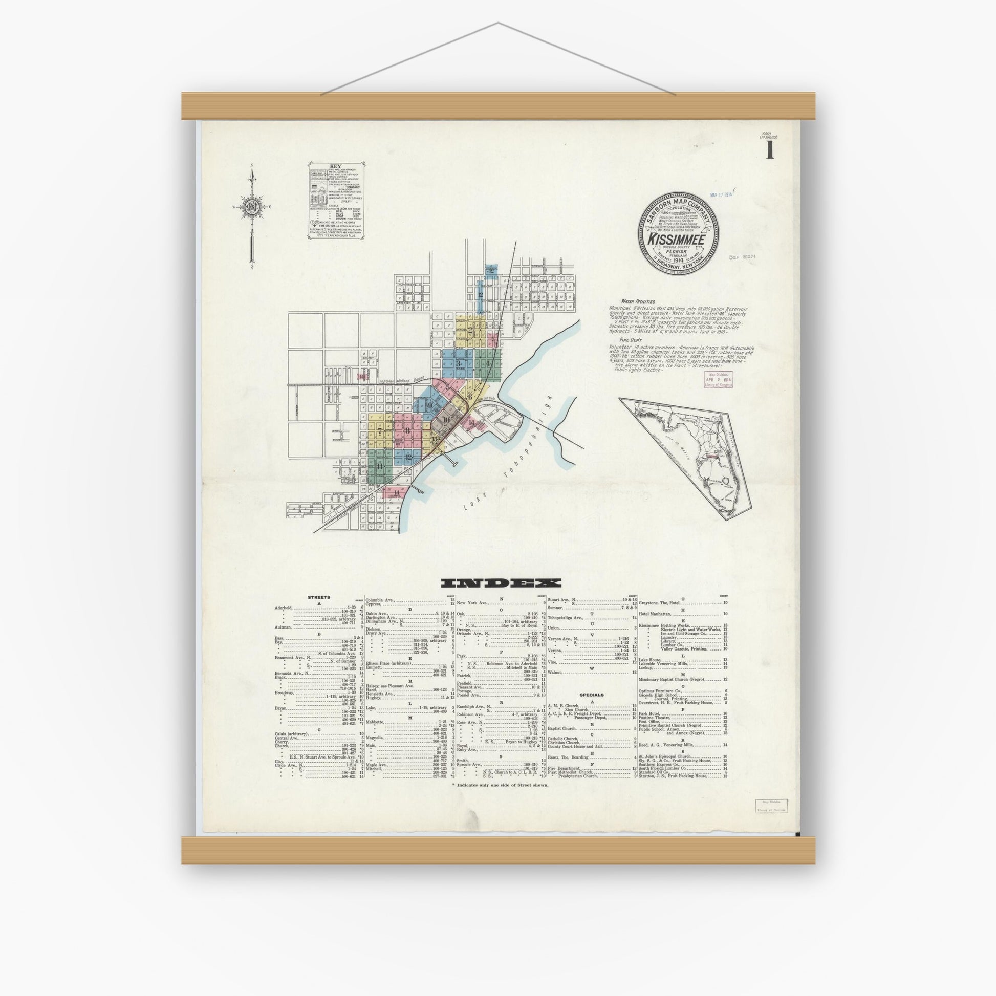 Old map wall art mockup — magnetic wood frame on white wall — Sanborn Fire Insurance Map from Kissimmee, Osceola County, Florida (1914) - Complete Map Set