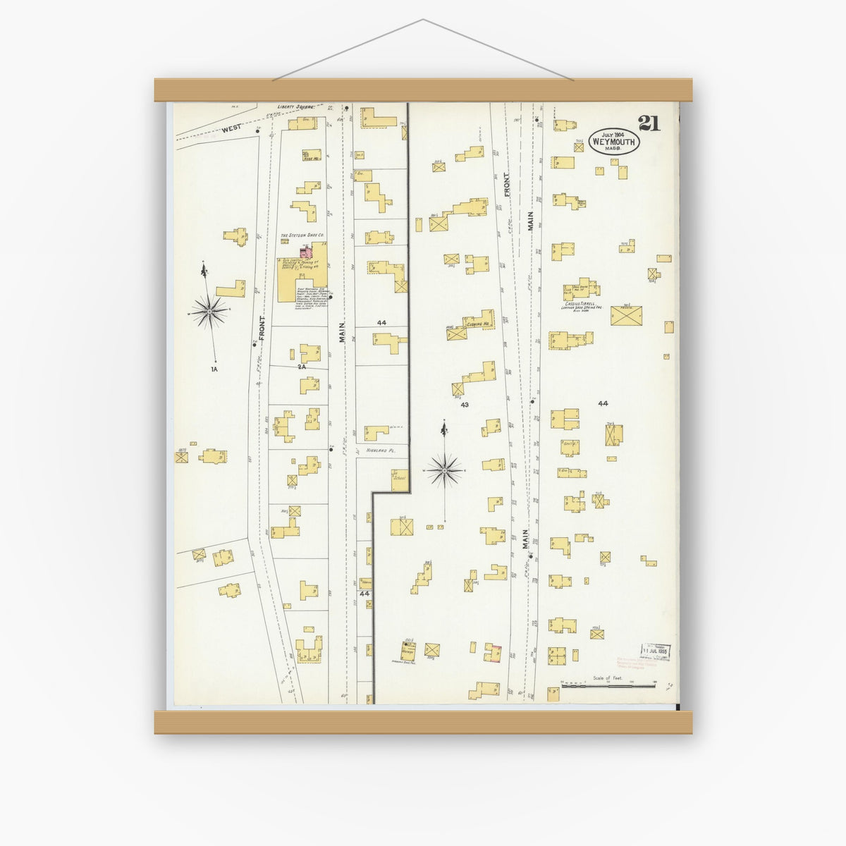 Old map wall art mockup — magnetic wood frame on white wall — Sanborn Fire Insurance Map from Weymouth, Norfolk County, Massachusetts (1904), Sheet #0021