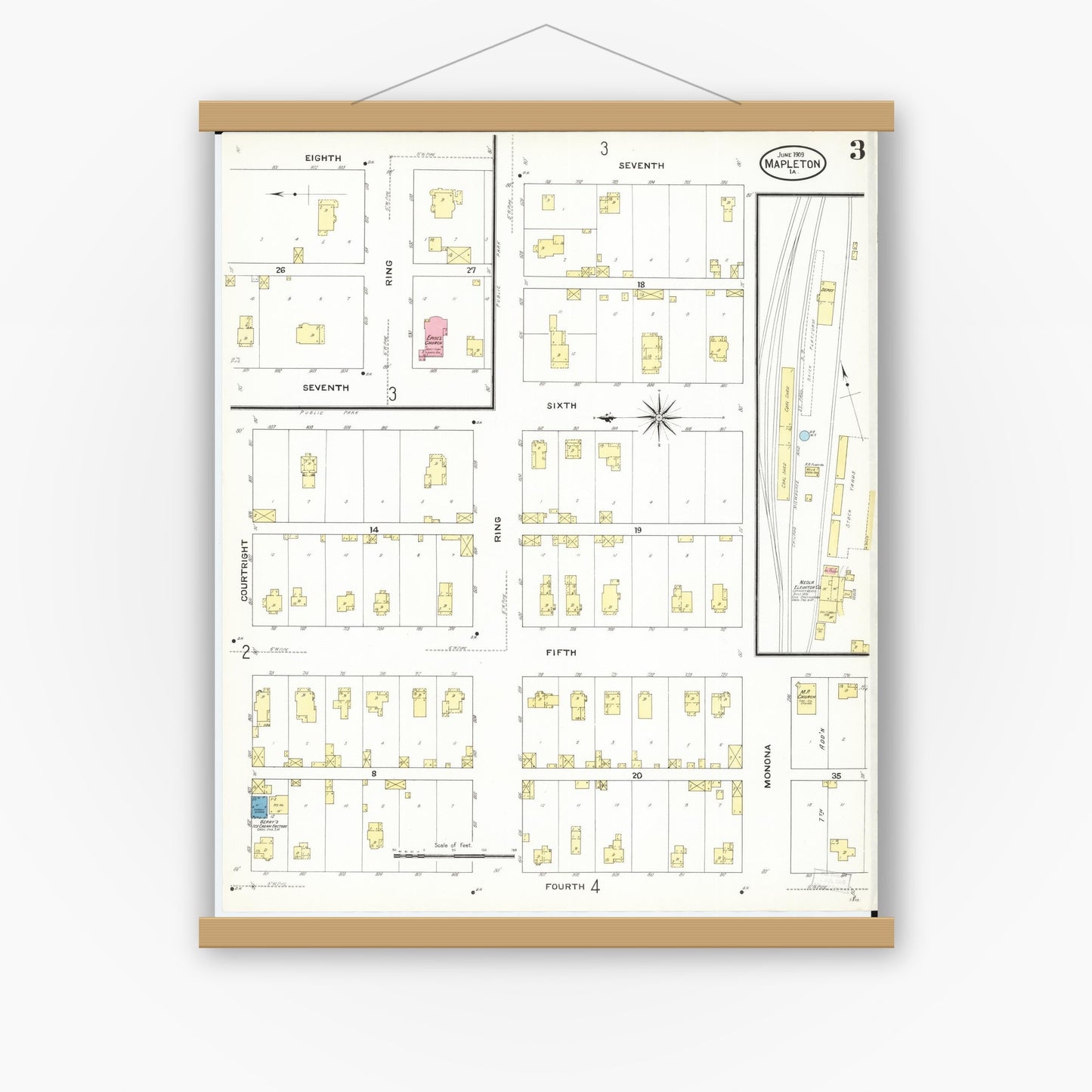 Old map wall art mockup — magnetic wood frame on white wall — Sanborn Fire Insurance Map from Mapleton, Monona County, Iowa (1909), Sheet #0003