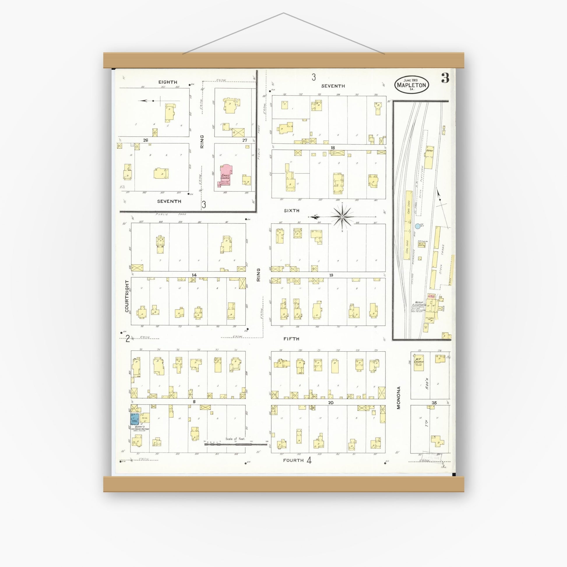 Old map wall art mockup — magnetic wood frame on white wall — Sanborn Fire Insurance Map from Mapleton, Monona County, Iowa (1909), Sheet #0003
