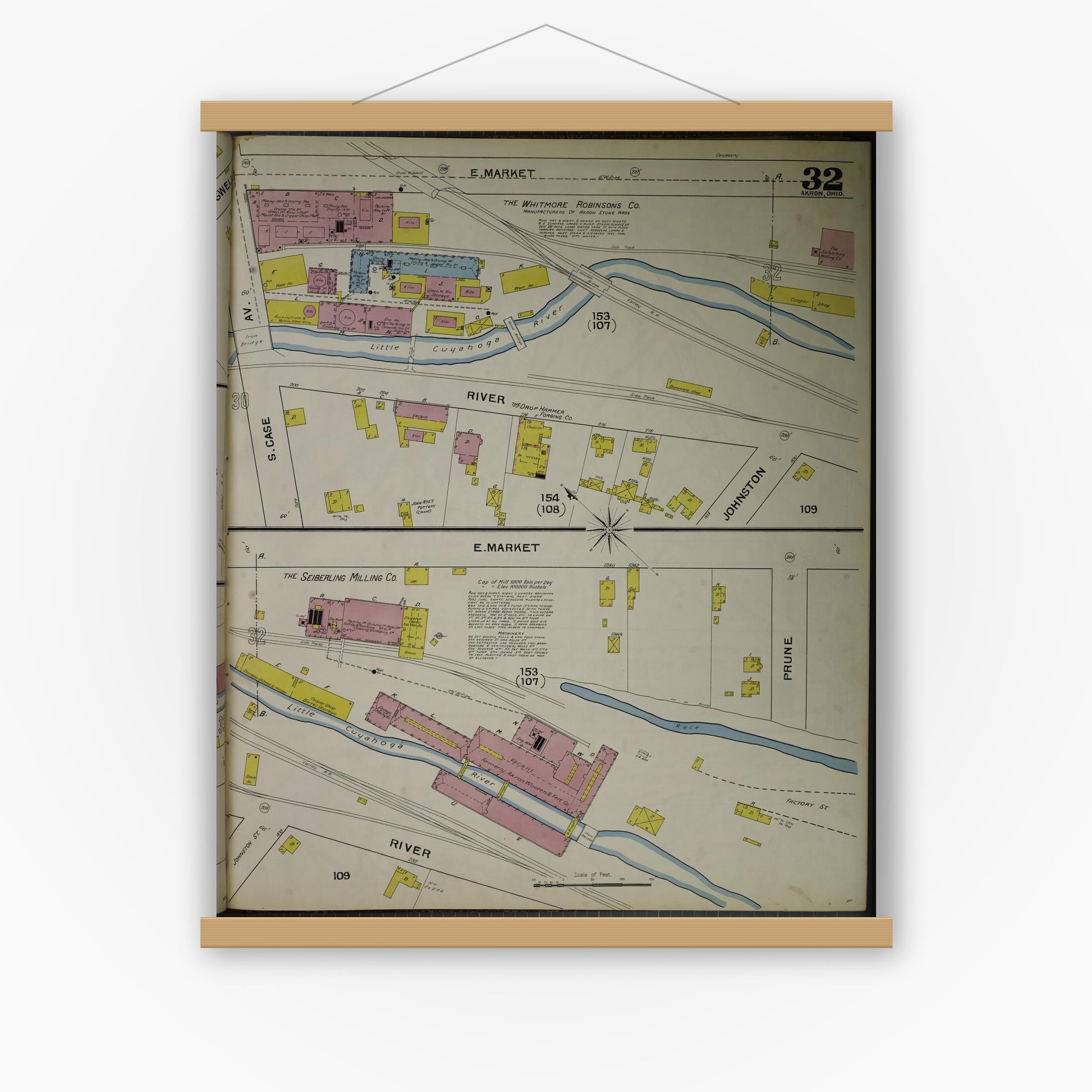 Old map wall art mockup — magnetic wood frame on white wall — Sanborn Fire Insurance Map from Akron, Summit County, Ohio (1892), Sheet #0032